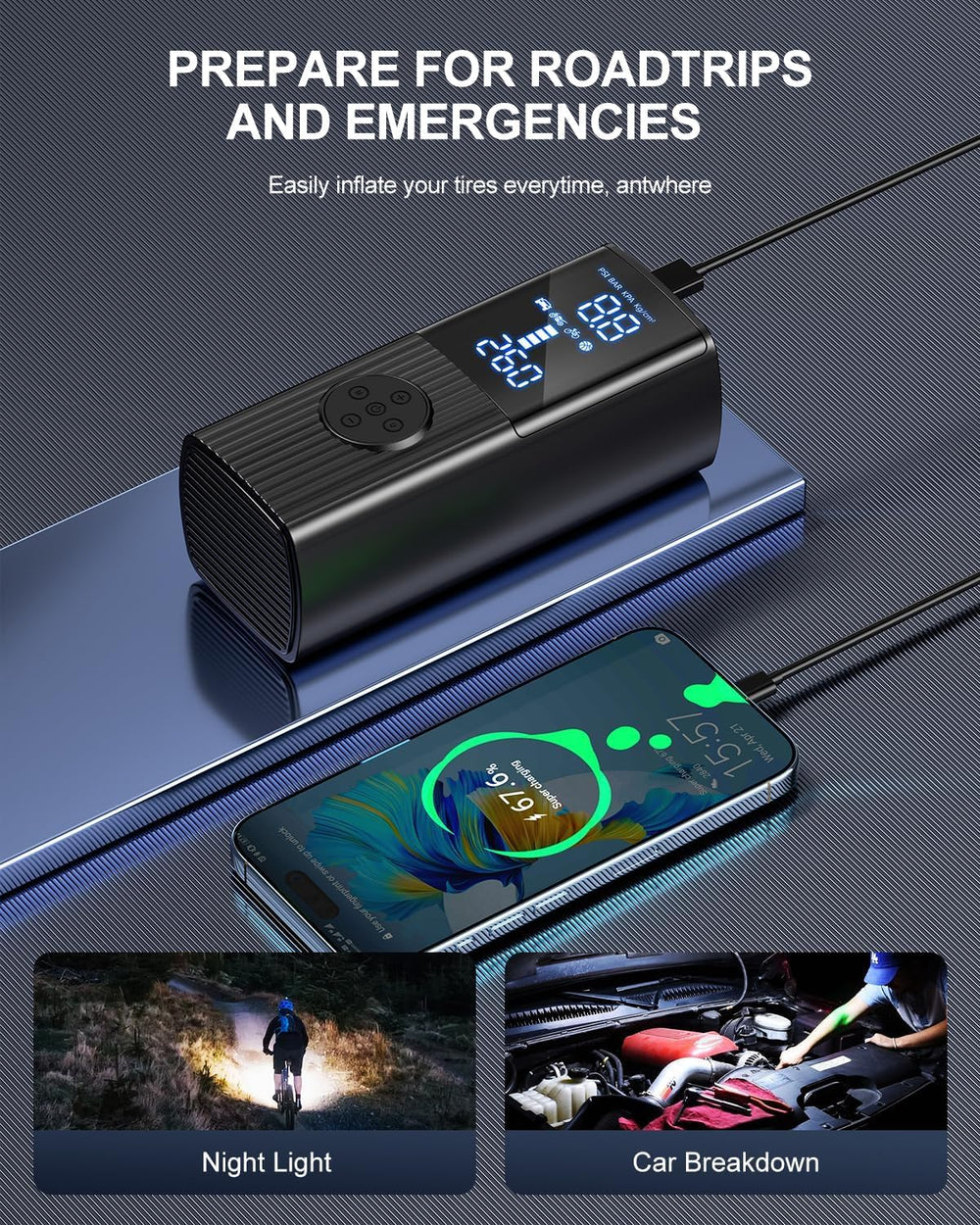 Tire Inflator Portable Air Compressor, 180PSI Cordless Air Pump with LCD Digi...
