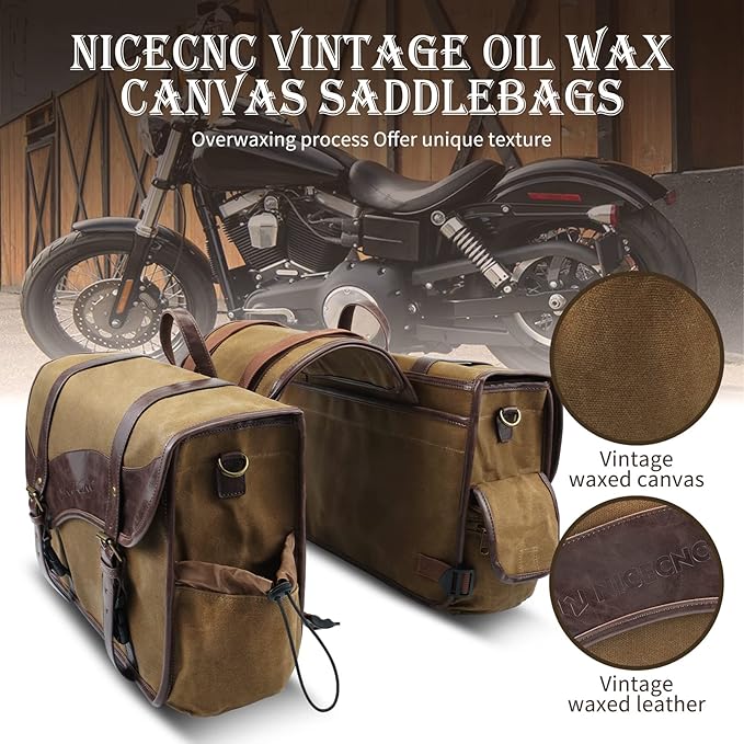 NICECNC Motorcycle Saddle Bags, Vintage Oil Waxed Canvas Motorcycle Saddlebags - Image 3