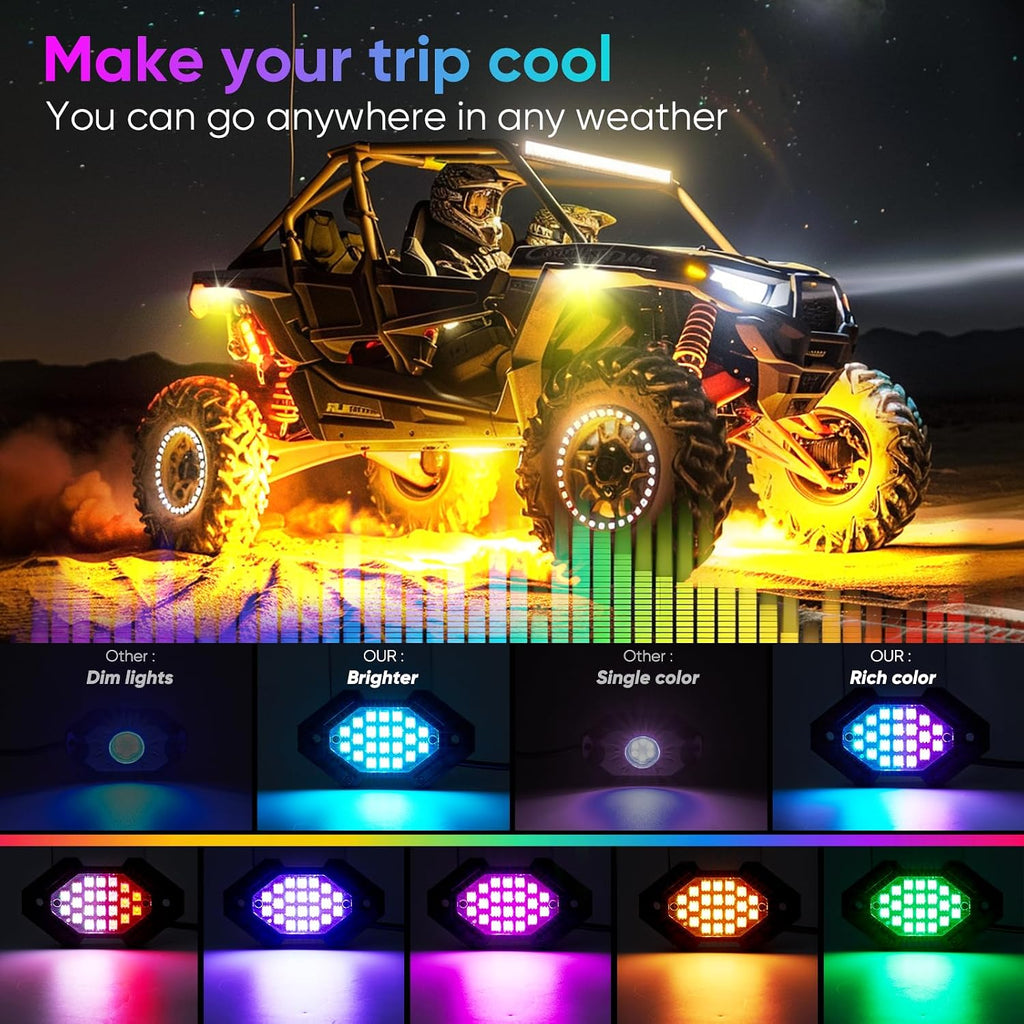 2PCS 4FT Whip Light and 4PCS Rock Light Combo Kit with Spring Base, Switch, App Control, Universal for UTV/ATV/RZR/SxS/Can-am