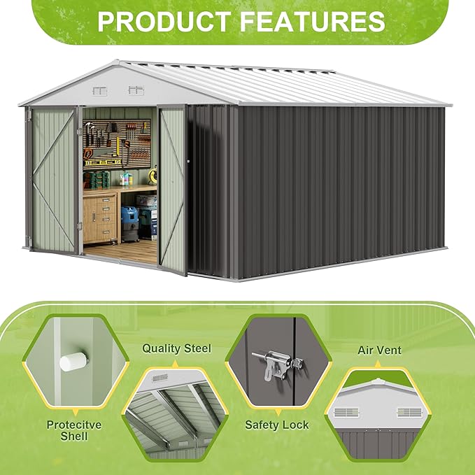 JUMMICO 10 x 10 FT Outdoor Storage Shed, Large Metal Garden Shed & Tool Sheds - Image 4