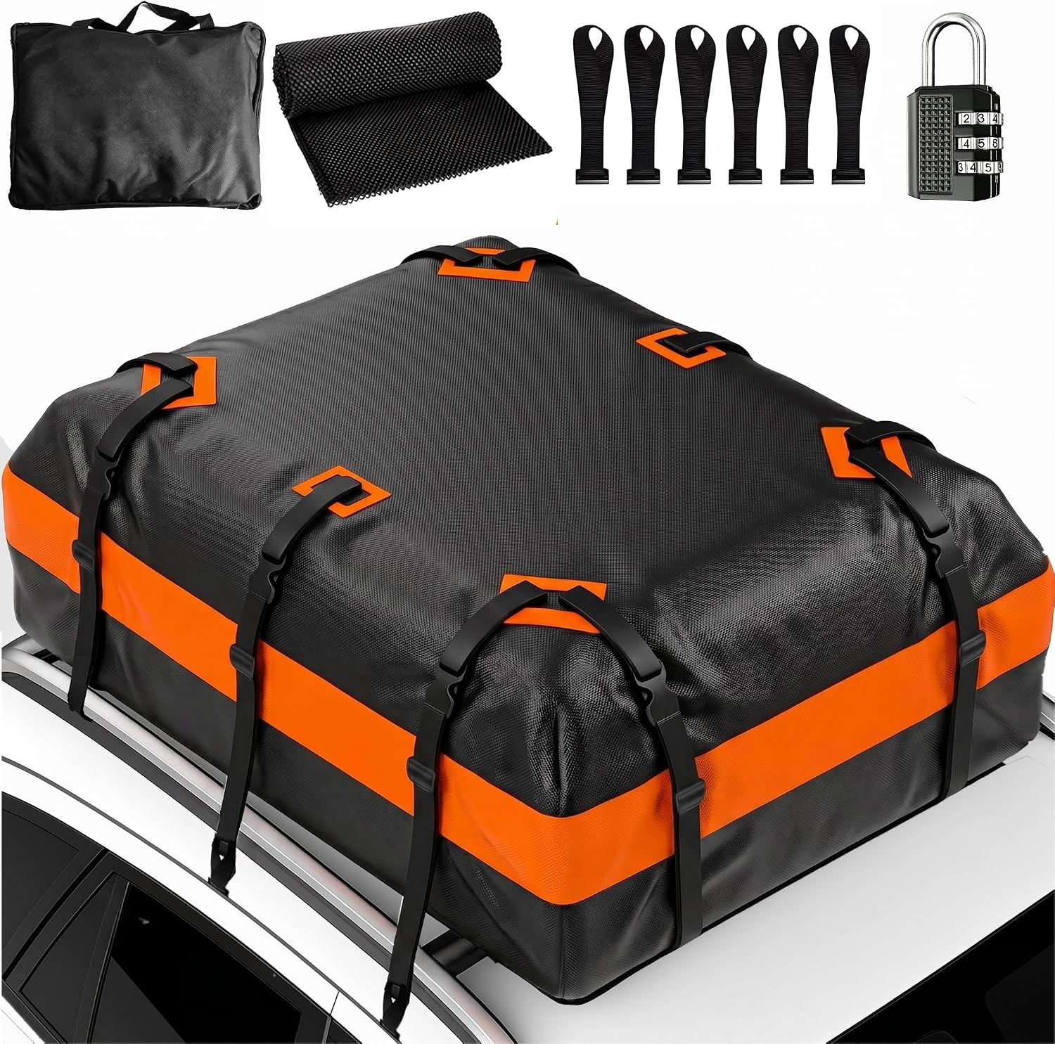 Rooftop Cargo Carrier 21 Cubit Feet 840D PVC Waterproof Car Roof Cargo Carrier Soft-Shell for Vehicle Top Luggage Storage, with Anti-Slip Mat, Reinforced Straps, Hooks, Lock, Storage Bag