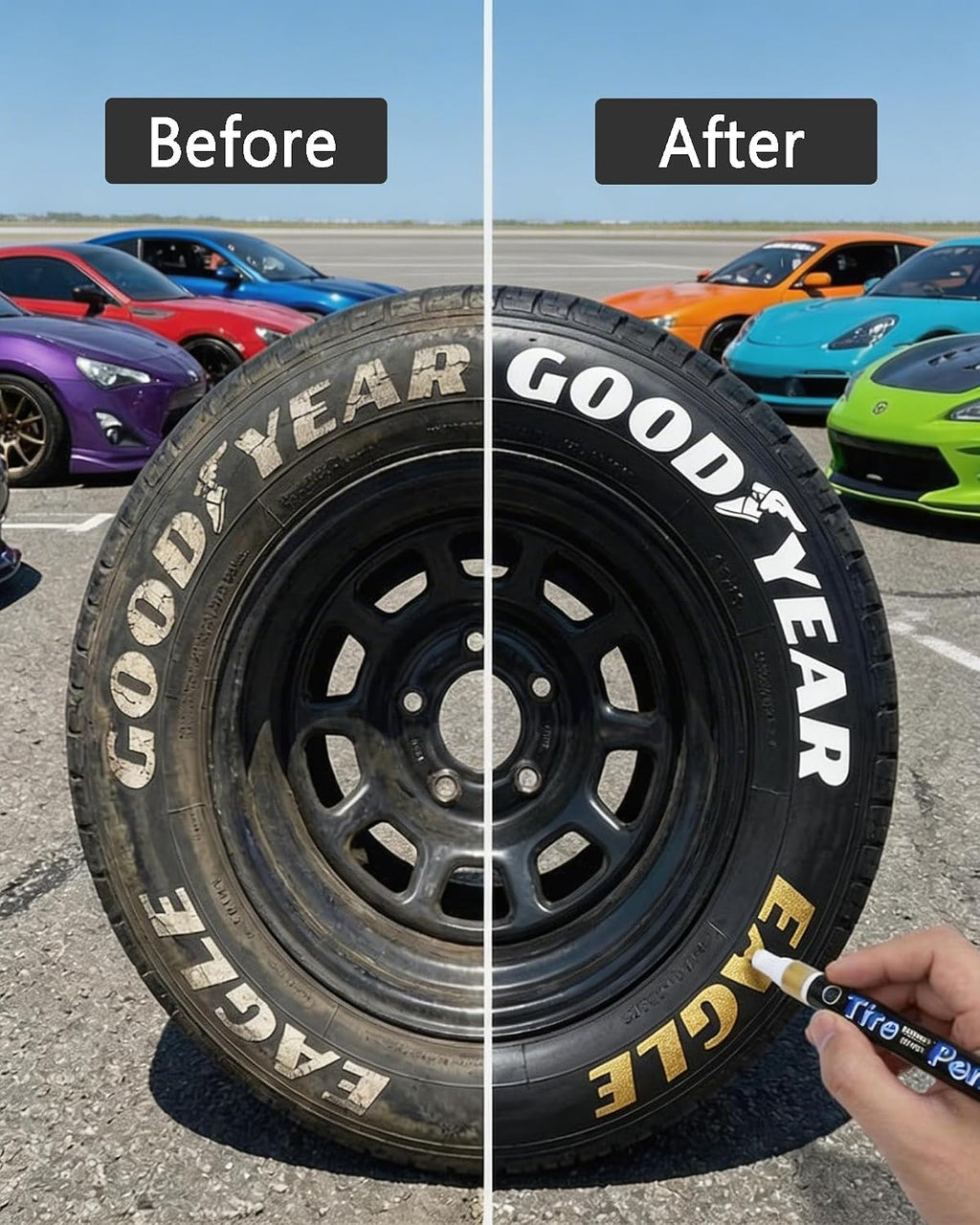 DIY Tire Paint Pen, Tire Lettering Paint Pen & Tyre Pen for Cars, Motorcycles & Bikes, Marker with Curved Tip for Sidewall Marking, 4 Colors (White, Gray, Gold, Green)
