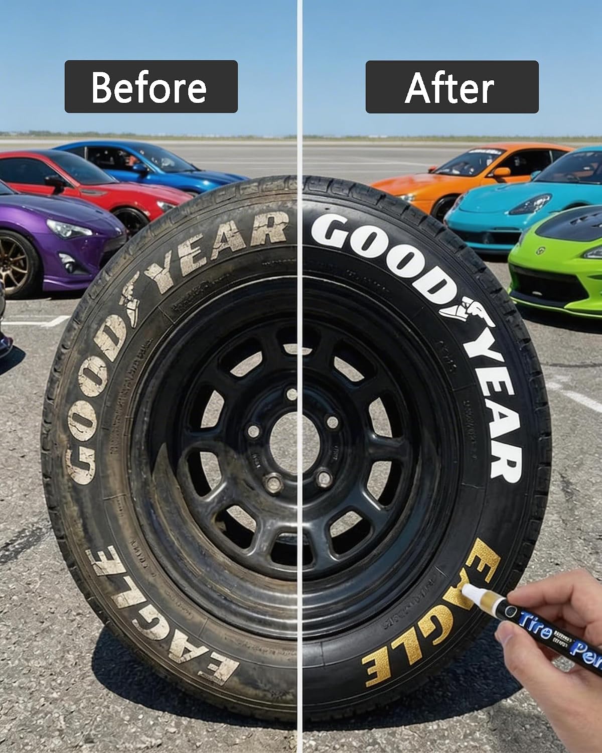 DIY Tire Paint Pen, Tire Lettering Paint Pen & Tyre Pen for Cars, Motorcycles & Bikes, Marker with Curved Tip for Sidewall Marking, 4 Colors (White, Gray, Gold, Green)