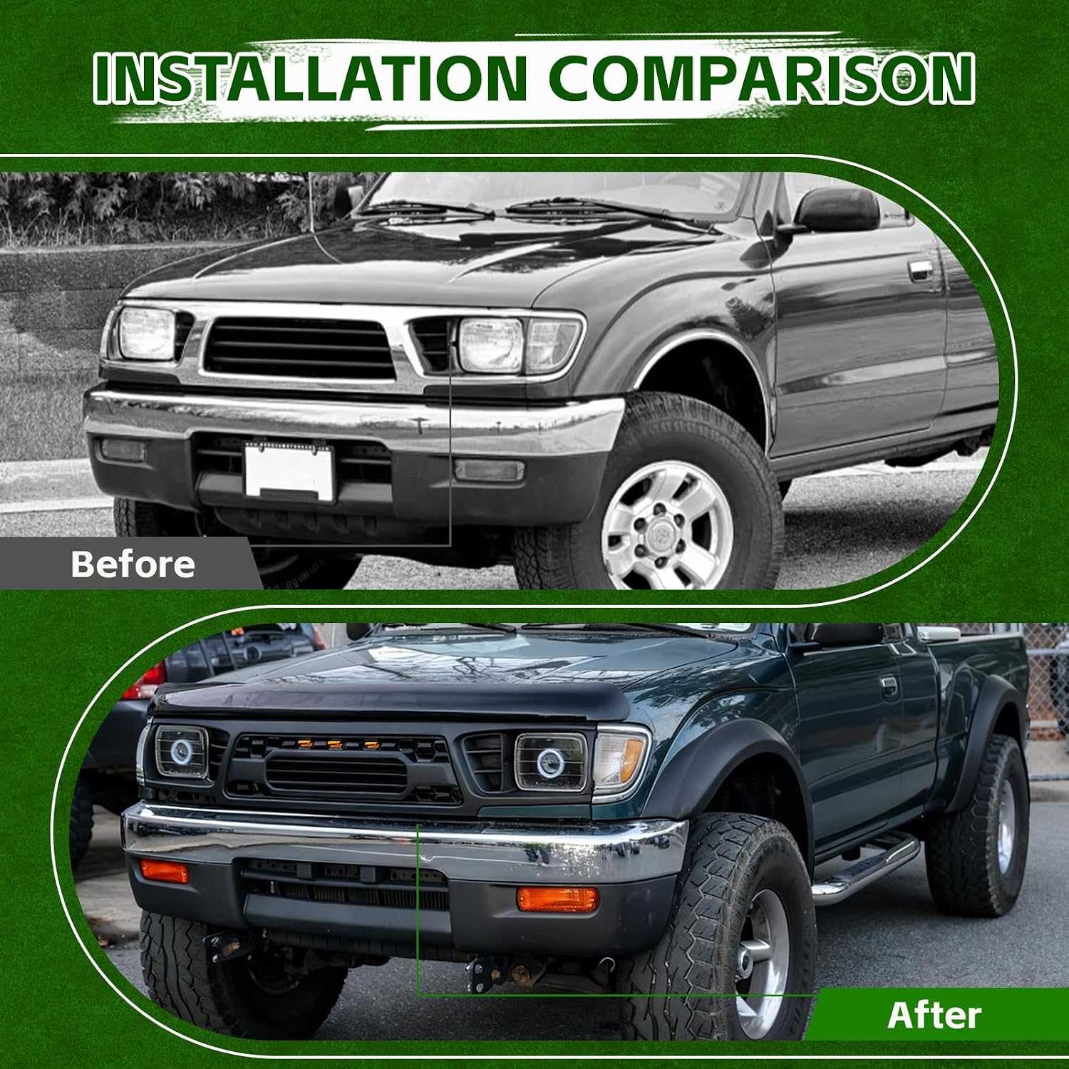 Grille Assembly Compatible with 1995-1997 Tacoma Base & DLX & SR5 Extended Cab Pickup 2-Door/Base & DLX Standard Cab Pickup 2-Door, Front Upper Grill with Lights&Letters Matte Black Molding