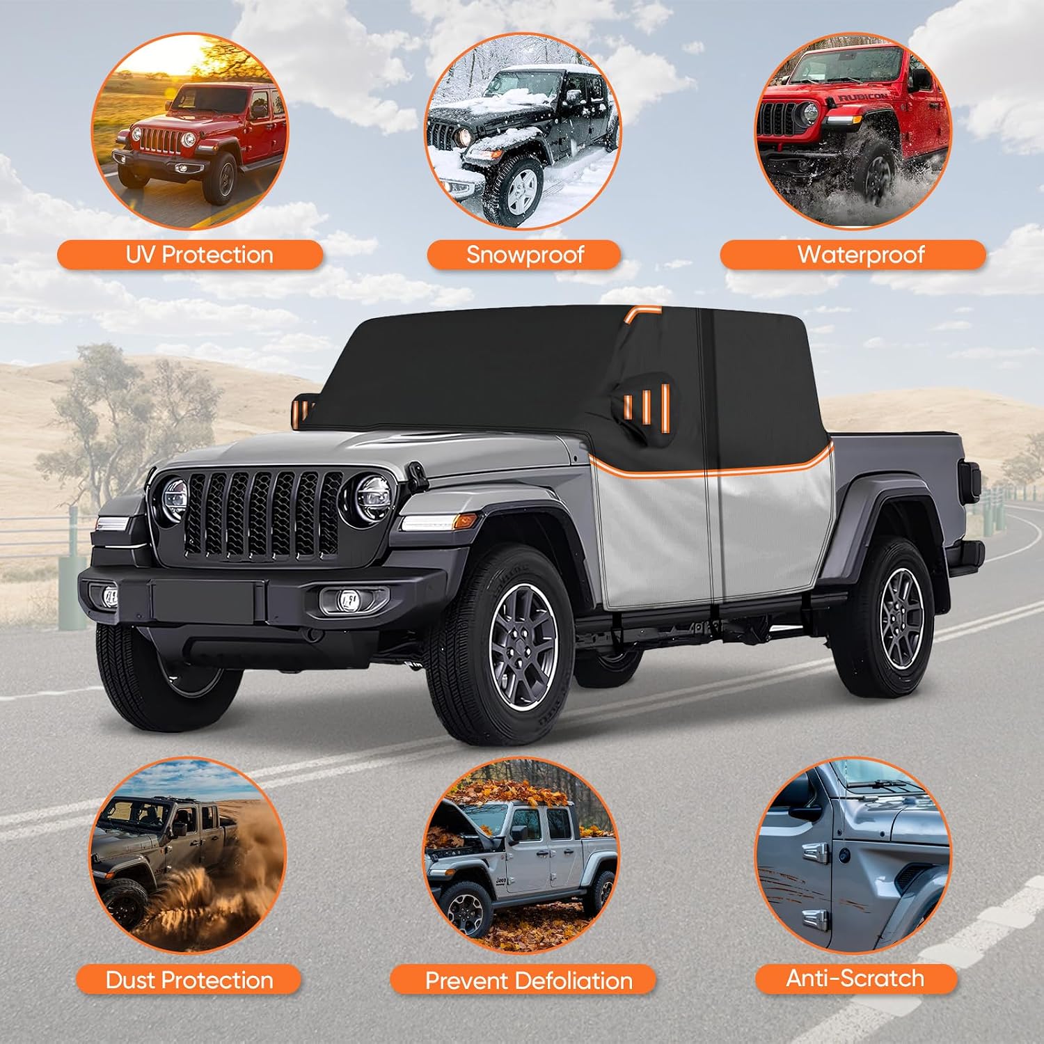 Cab Cover for Jeep Gladiator JT 2019-2026 - All Weather Waterproof Gladiator Half Car Cover,Outdoor Jeep Cab Cover Rain Covers for Sun Snow UV Protection with Door Zipper Windproof Straps