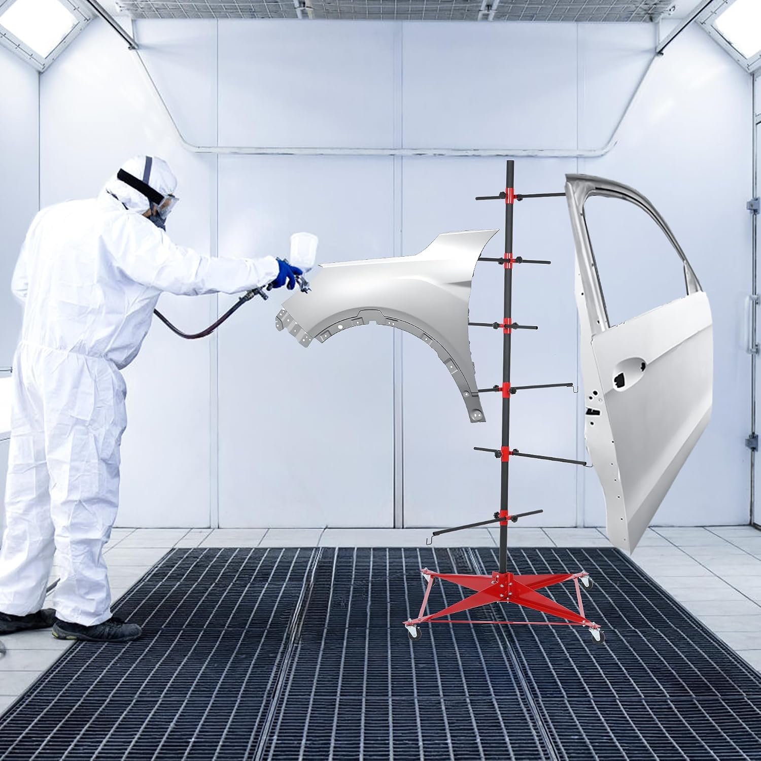 71 Inch Panel Tree Paint Stand with 6 Hook Levers, Automotive Paint Stand with Adjustable Center Post and 4 Casters, Hang Automotive Panels, Doors, Fenders, Bumpers, Car Parts, Auto Body Paint Stand