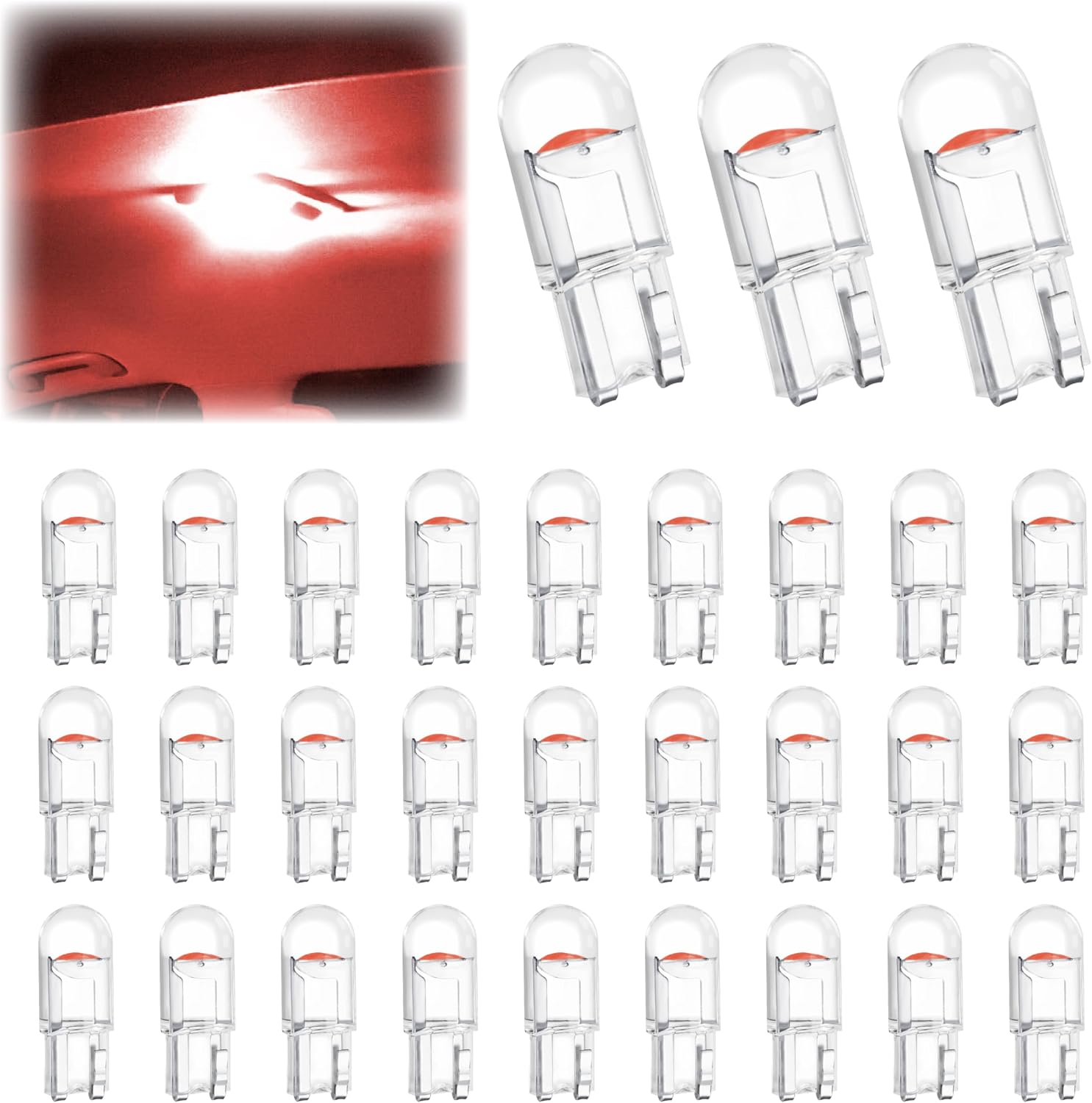 ecocstm 30 PCS Car 194 LED Bulbs, 168 2825 W5W T10 Wedge COB LED Replacement Bulb, Error Free Interior Bulb for Dashboard Light, Dome Lights (Red)