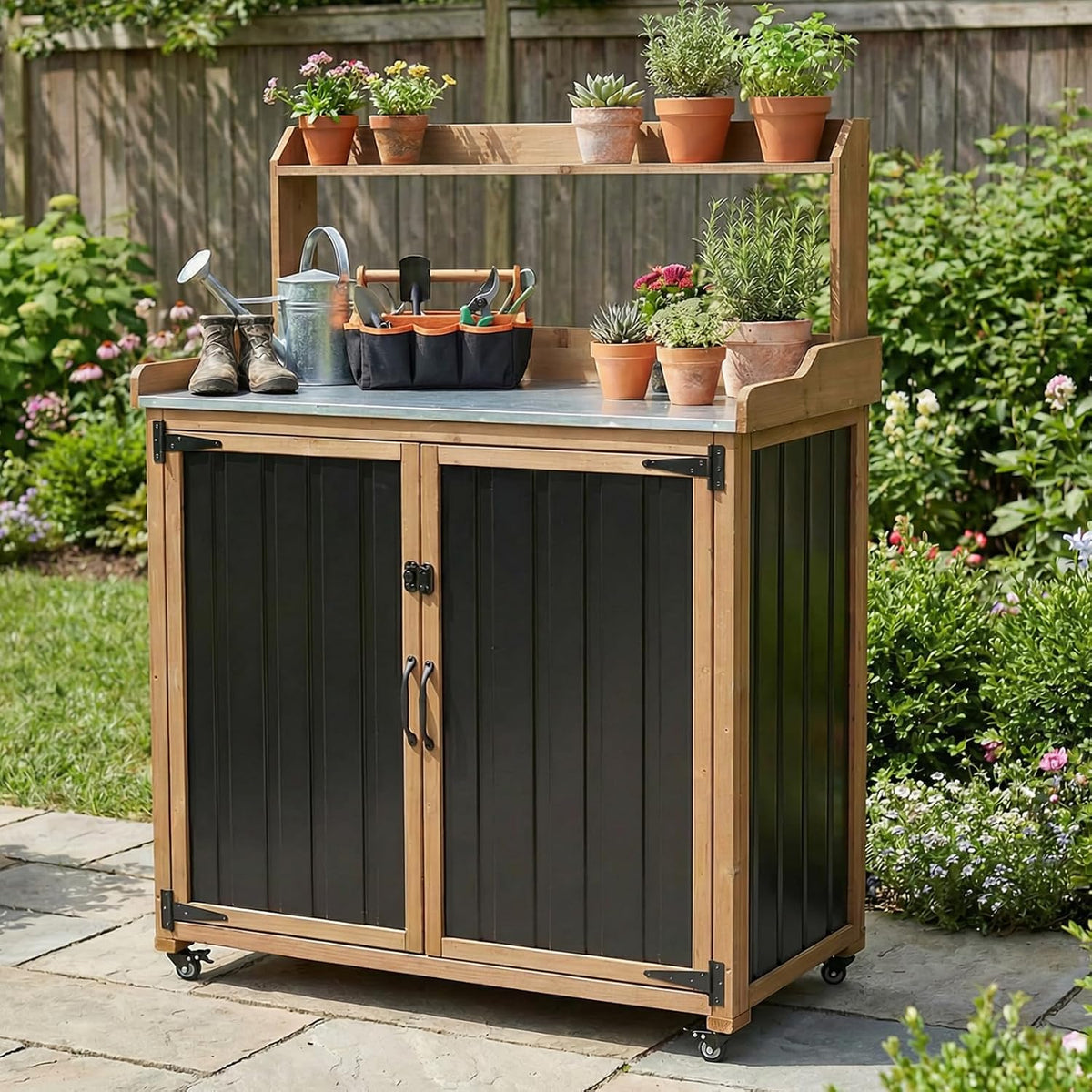 outdoor storage cabinet with 4 wheels and handle, main product view