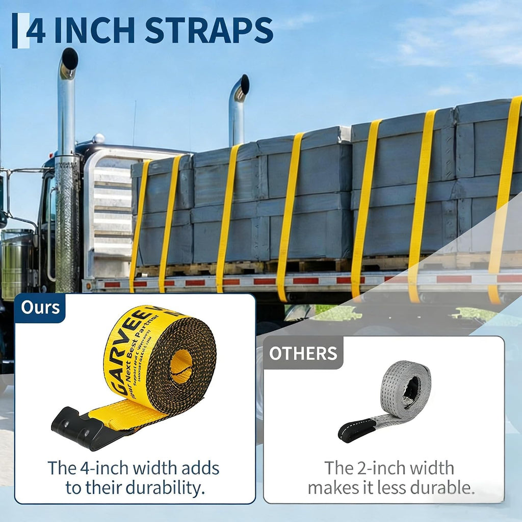 4 Pack Heavy Duty 4 in x 30 ft Winch Straps with Flat Hooks, 6,000 Lbs WLL / 18,000 Lbs Break Strength, Flatbed Straps Truck Tie Downs for Flatbed Trailers, Cargo Straps, Tree Saver, Yellow