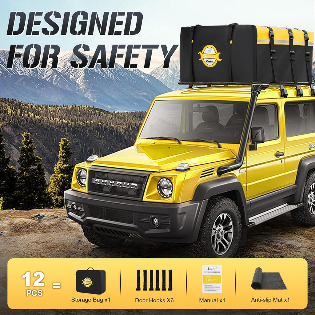 Sailnovo Car Rooftop Cargo Carrier Bag 20 Cubic, PVC Vehicle Soft-Shell Car Top Carrier for Cars with/Without Roof Rack, Waterproof Roof Bag Includes Anti-Slip Mat,10 Reinforced Straps, Yellow