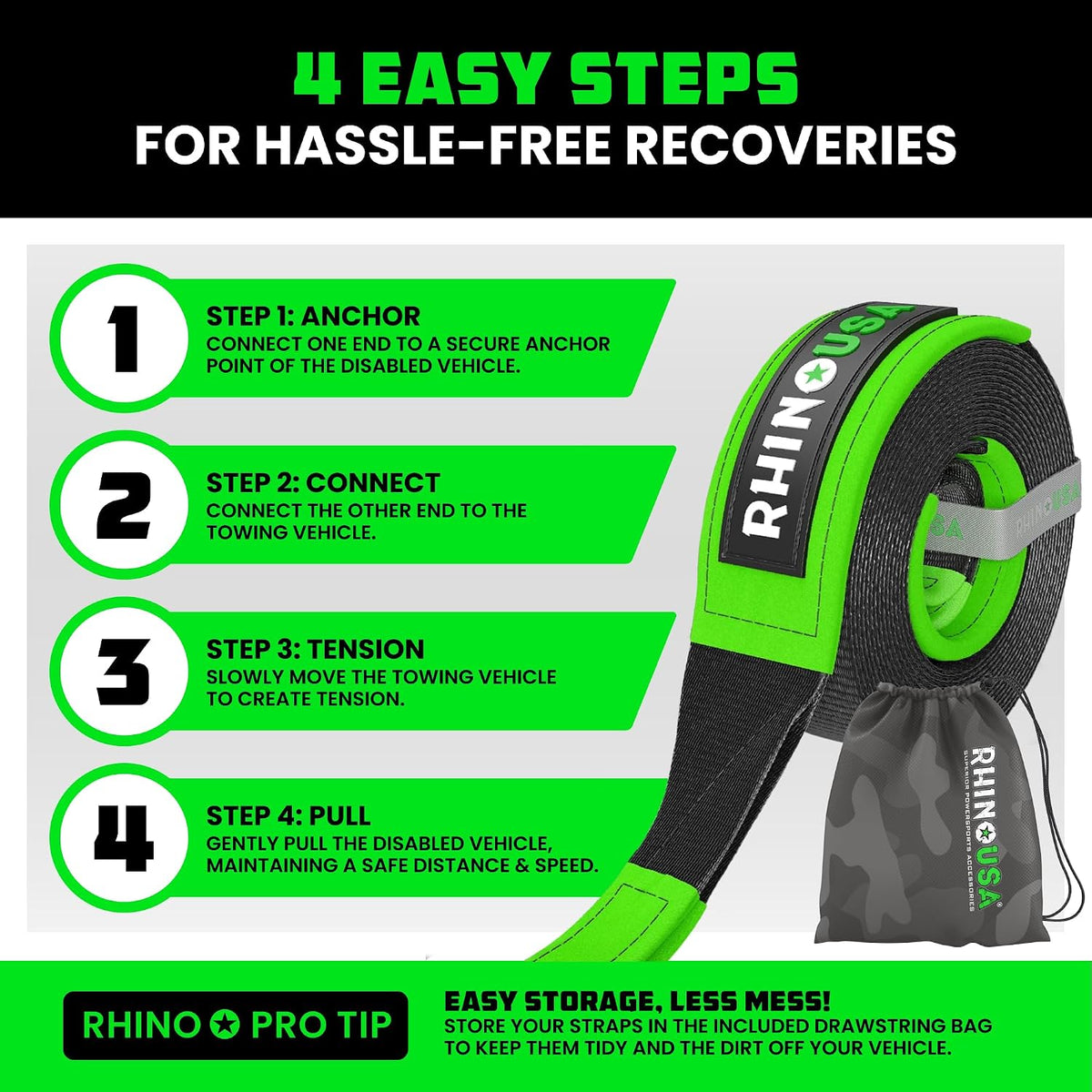 rhino usa offroad recovery tow strap (2in x, package contents