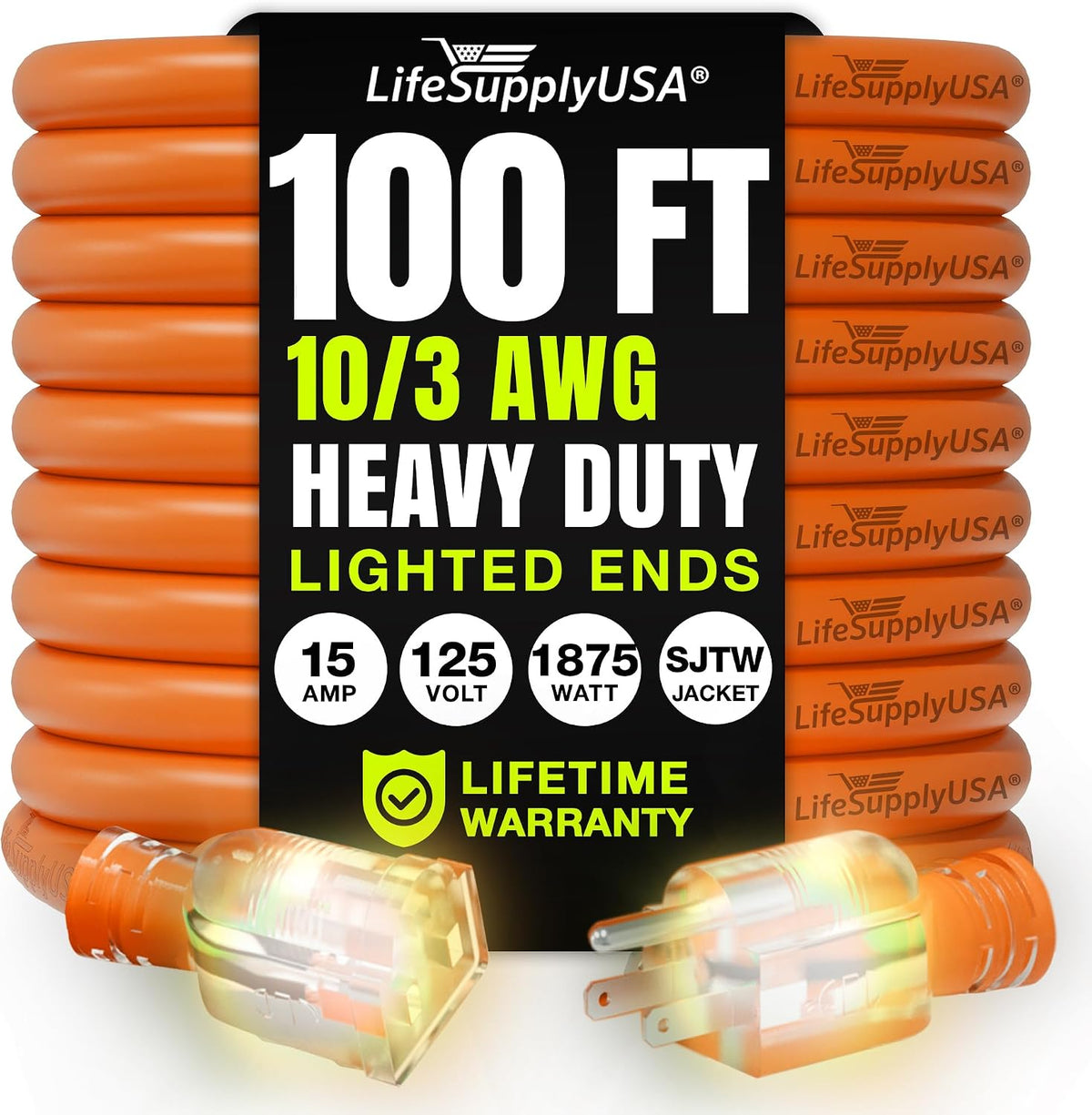 100ft Outdoor/Indoor Extension Cord 10/3 Gauge Ultra Heavy Duty 3 Prong SJTW