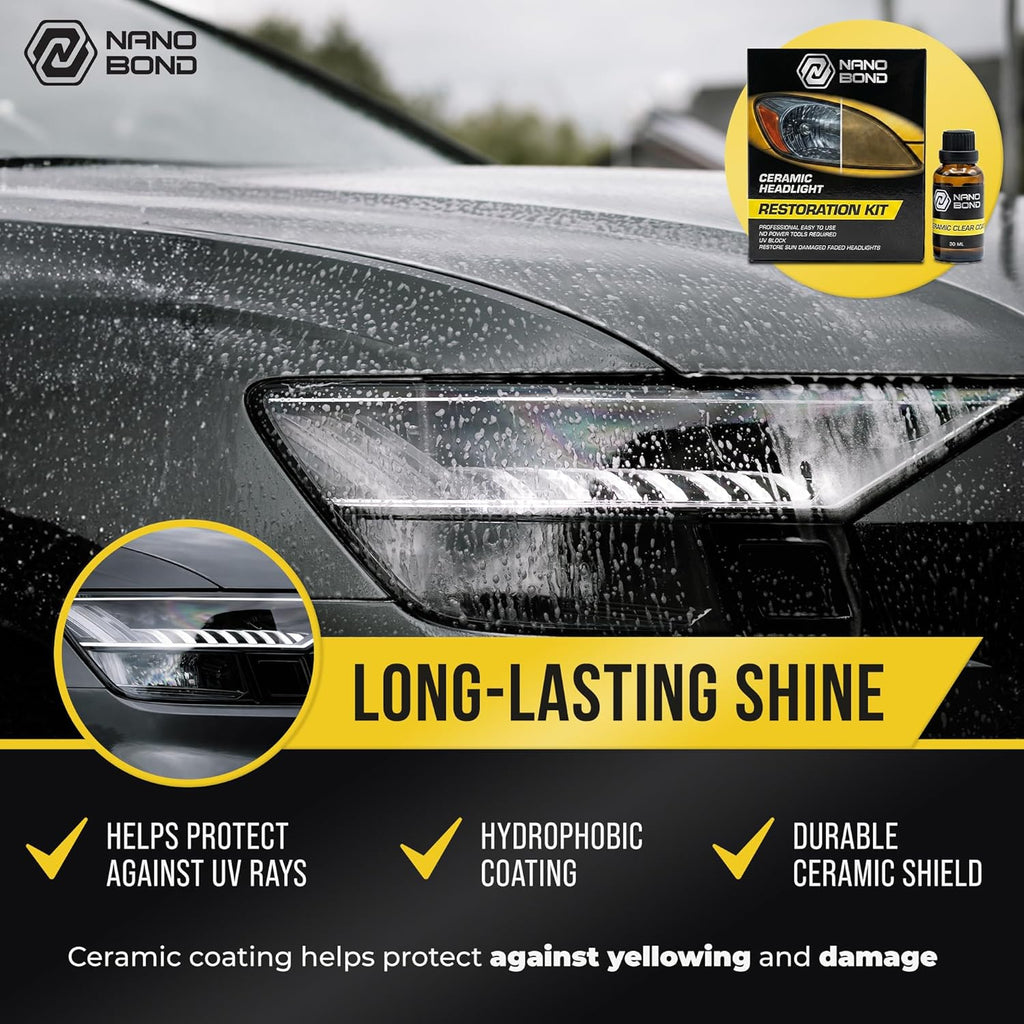 Nano Bond Ceramic Headlight Restoration Kit - No Power Tools Needed, Self-Leveling Headlight Clear Coat, 3 Easy Steps, Removes Oxidation from Foggy Plastic Lenses, 30ml Bottle