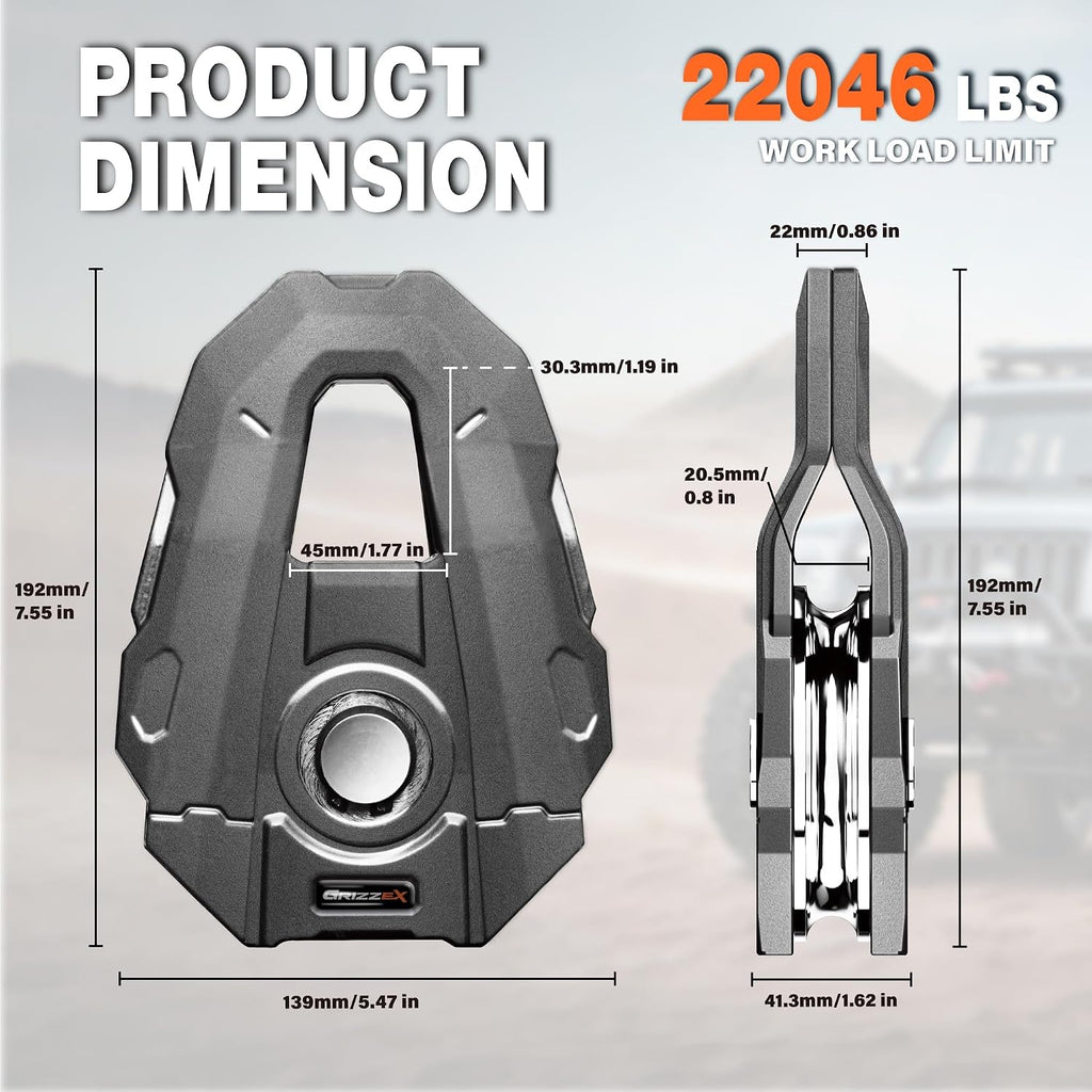 10T Snatch Block, 22,046 lbs Max Load, 3/4" Max Rope Diameter, Heavy Duty Recovery Pulley for Off-Road, Towing, and Winching (Gray)