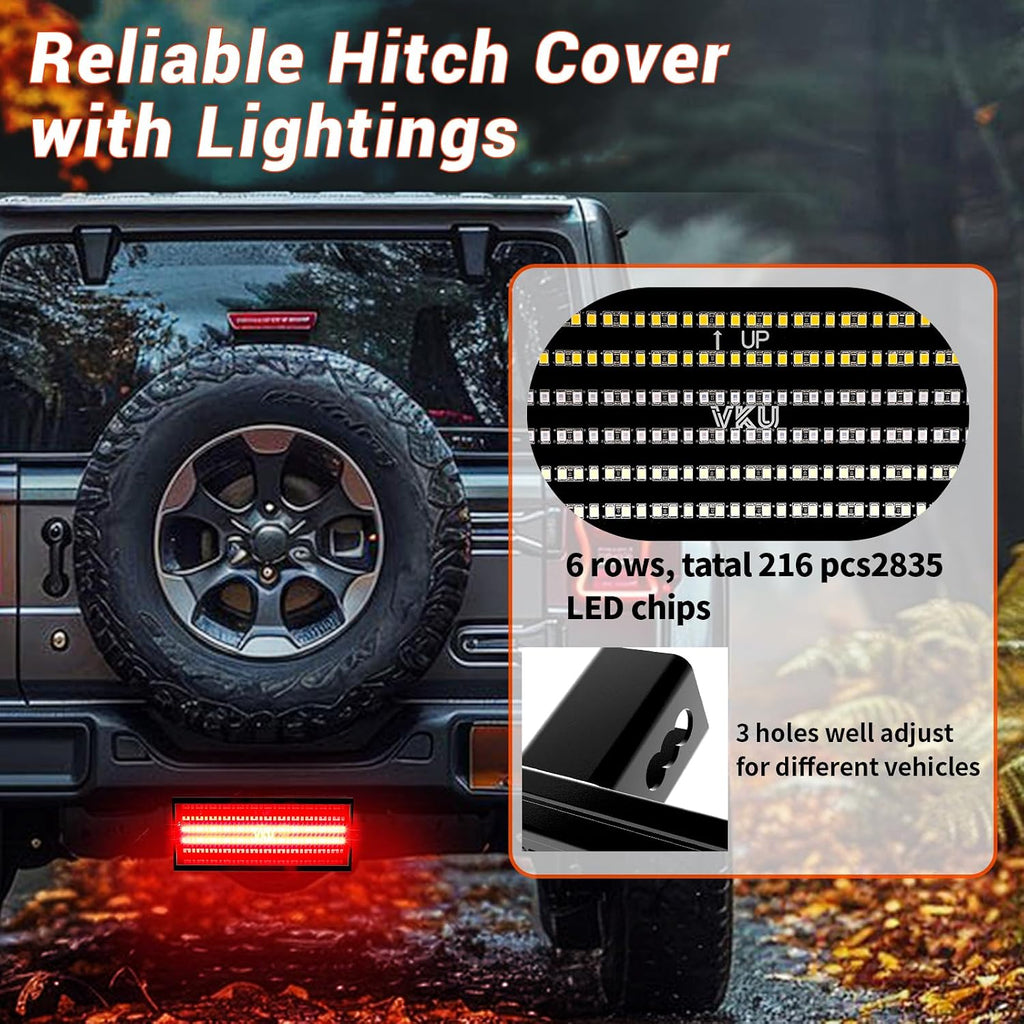 Hitch Cover with LED Light, 6 Rows and 216 pcs LED Chips 6 Mode of Full Lighting Universal Fit 2" Receiver for Towing Truck Chevy (Chevrolet), Ford, GMC, Dodge RAM, Jeep, ATV SUV Van SUV
