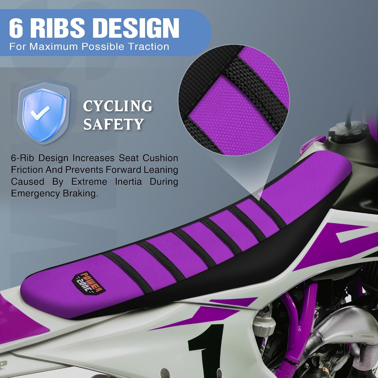 Universal White Dirt Bike Seat Cover, 6 Ribs Motorcycle Enduro Soft Dirt Pit Bike Seat Covers (Black-Purple)