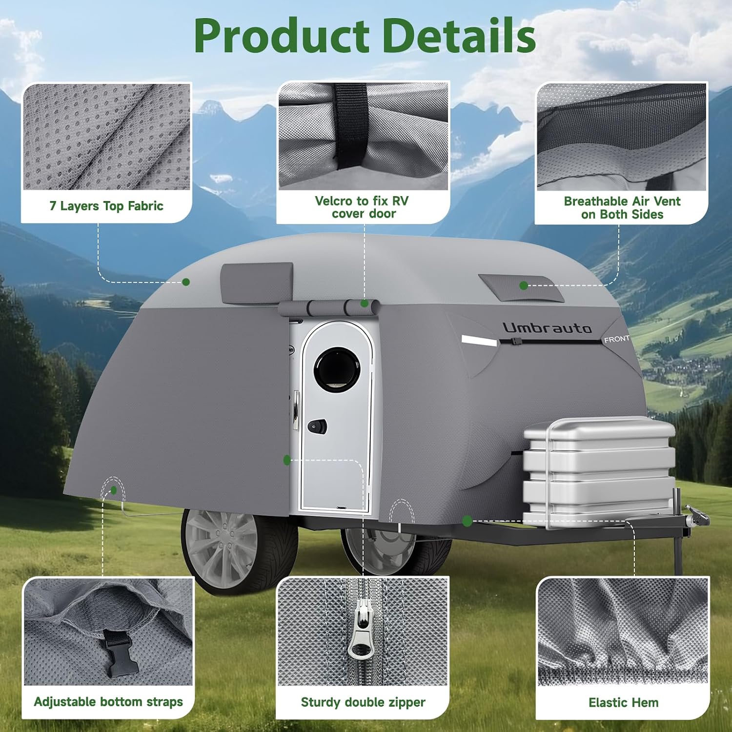 Teardrop Trailer Cover Fits 12'-15' RV, Camper Cover for R-Pod Trailers | Waterproof Travel Trailer Cover, 7 Layers Top, Leightweight, Camper Cover with Windproof Strap for Clamshell Trailers