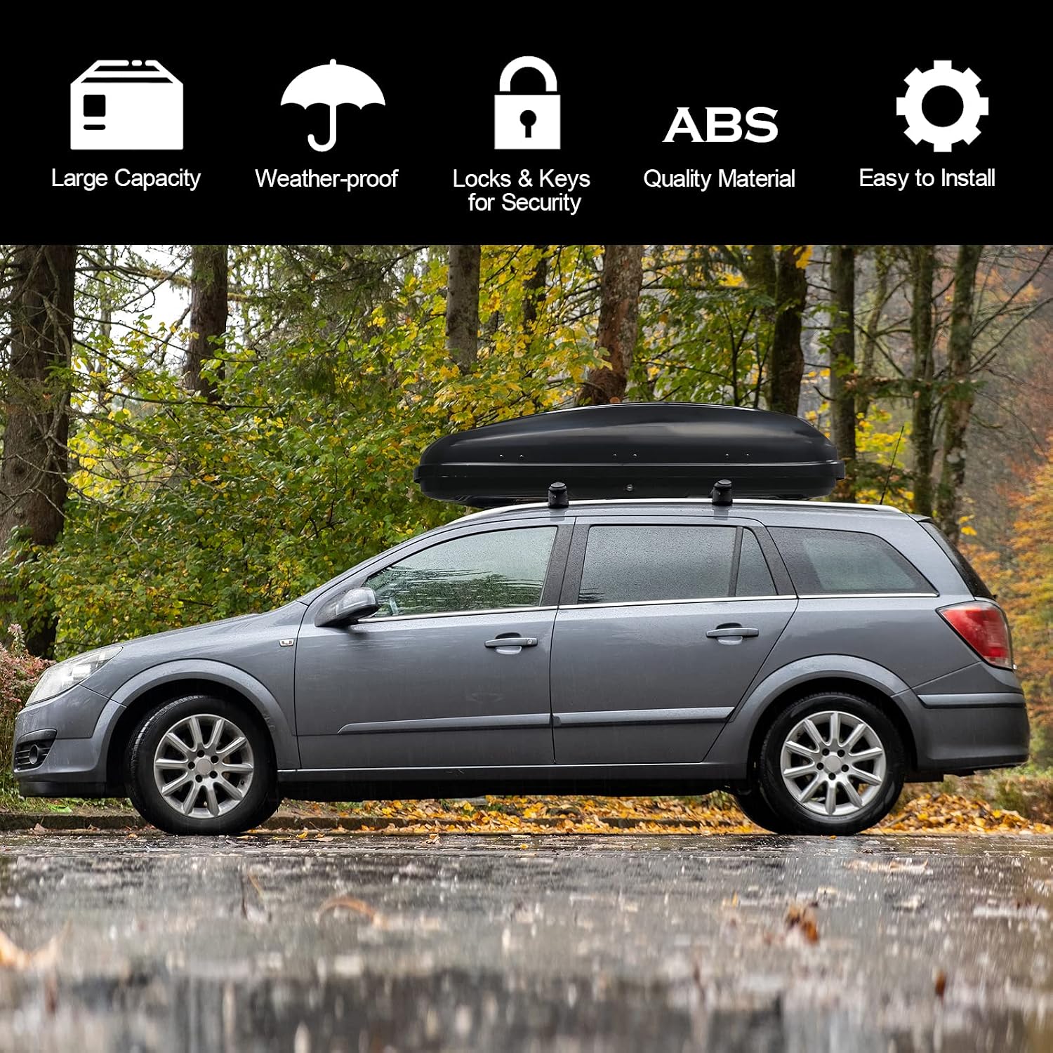TUFFIOM 13.4 cu.ft. Rooftop Cargo Box w/Keys, Hard Shell Waterproof Travel Roof Storage Cargo Carrier Luggage Rack, 61" L x 27.6" W x 13.8" H, Dual-Side Opening, for SUV Car Van w/Cross Bars, Black