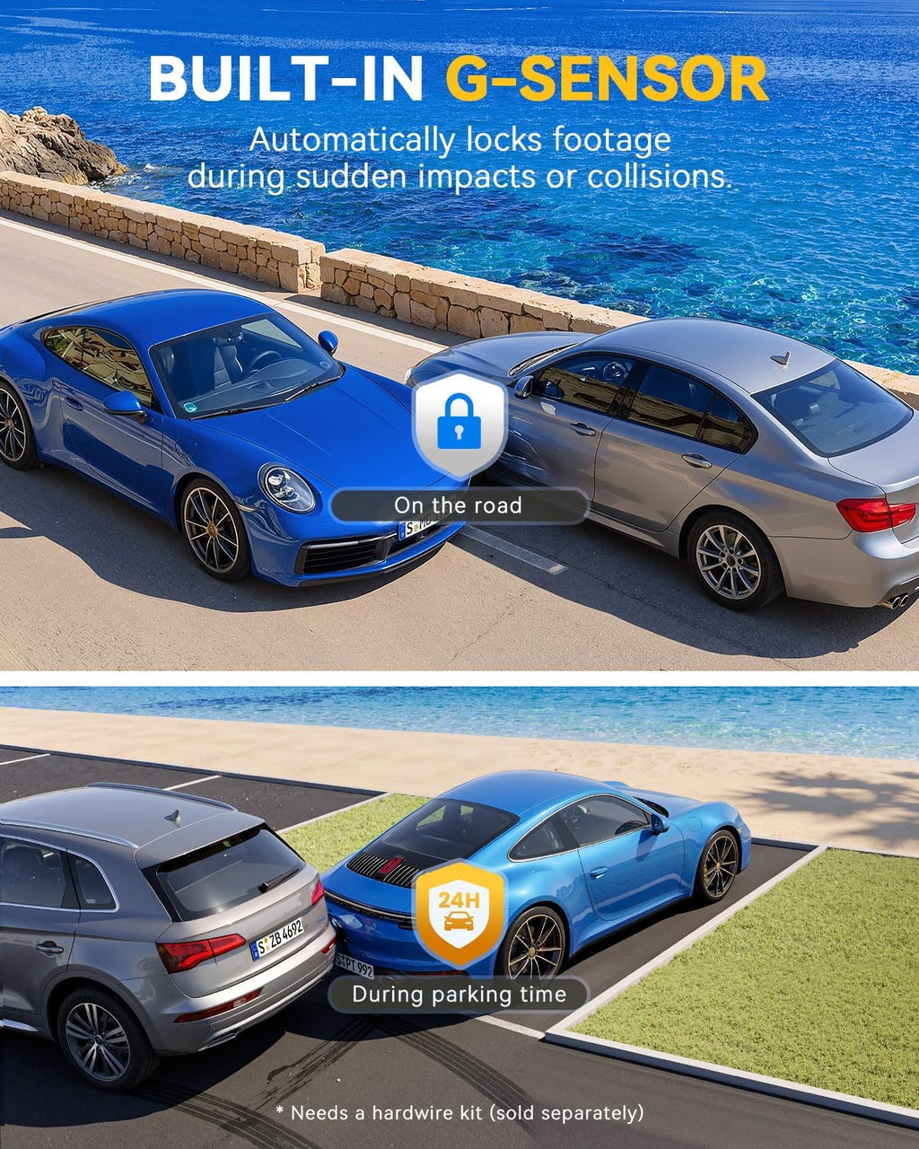4k+4k dash cam, free 128gb card, 5.8ghz wifi6, front angle view