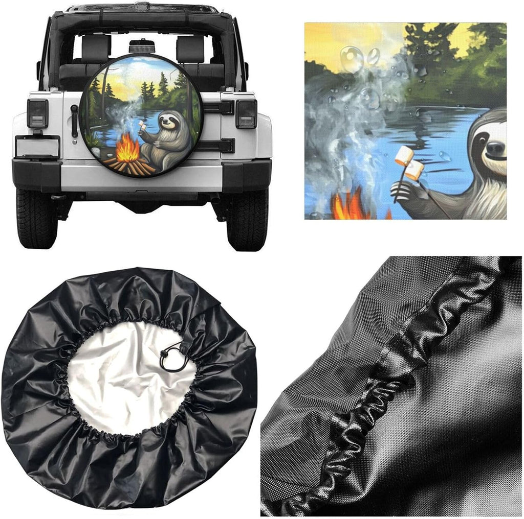 Sloth Toasting Marshmallows Universal Spare Tire Cover,15 Inch,Waterproof Polyester Wheel Protector Funny Cute Tire Covers for Rv Suvs Trucks Travel Trailers Outdoor,Easy Install