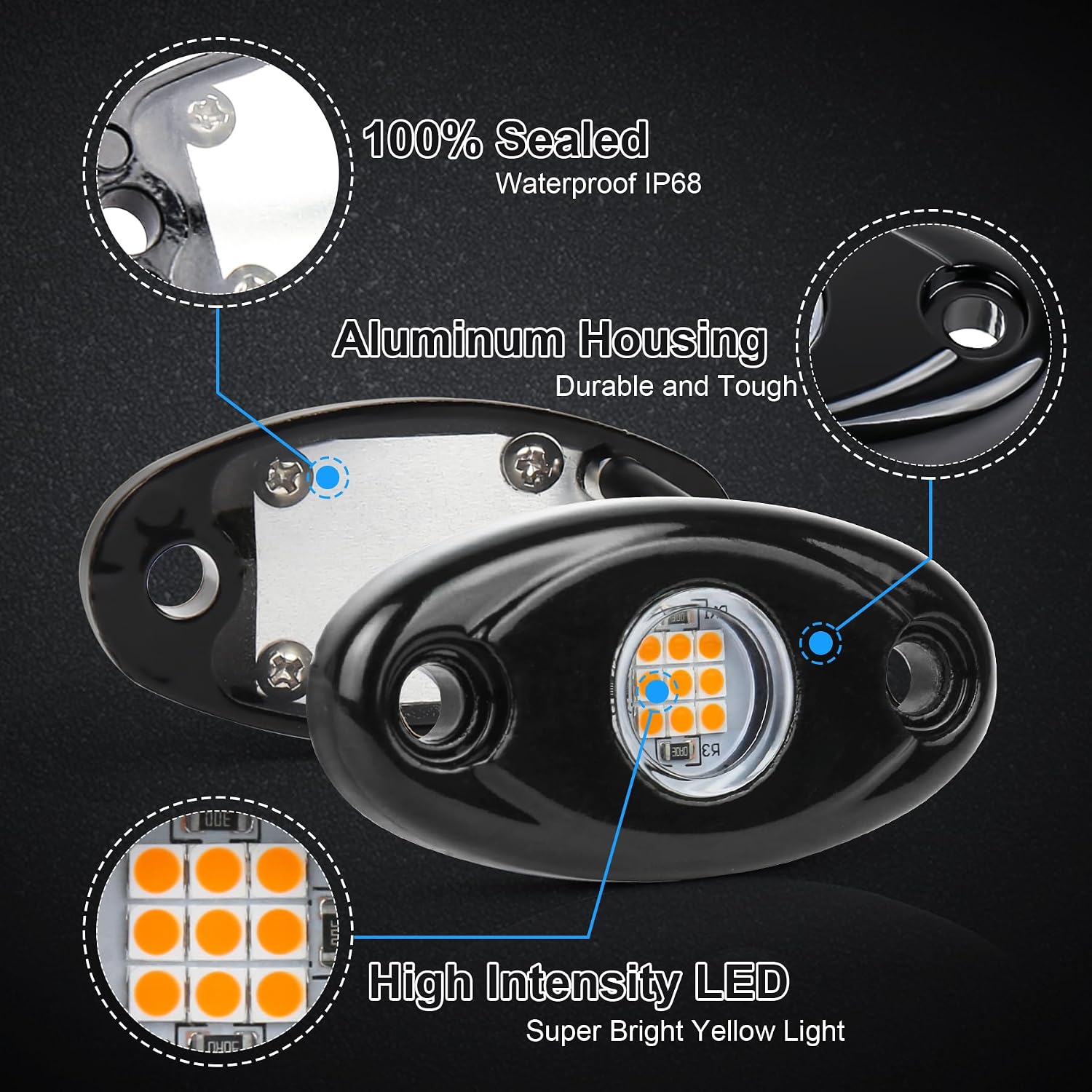 Yellow LED Rock Lights, 2 Pods Yellow Underglow Rock Lights Waterproof IP68 Compatible with Truck Pickups Jeep Cars ATV UTV SUV Motorcycle Boat