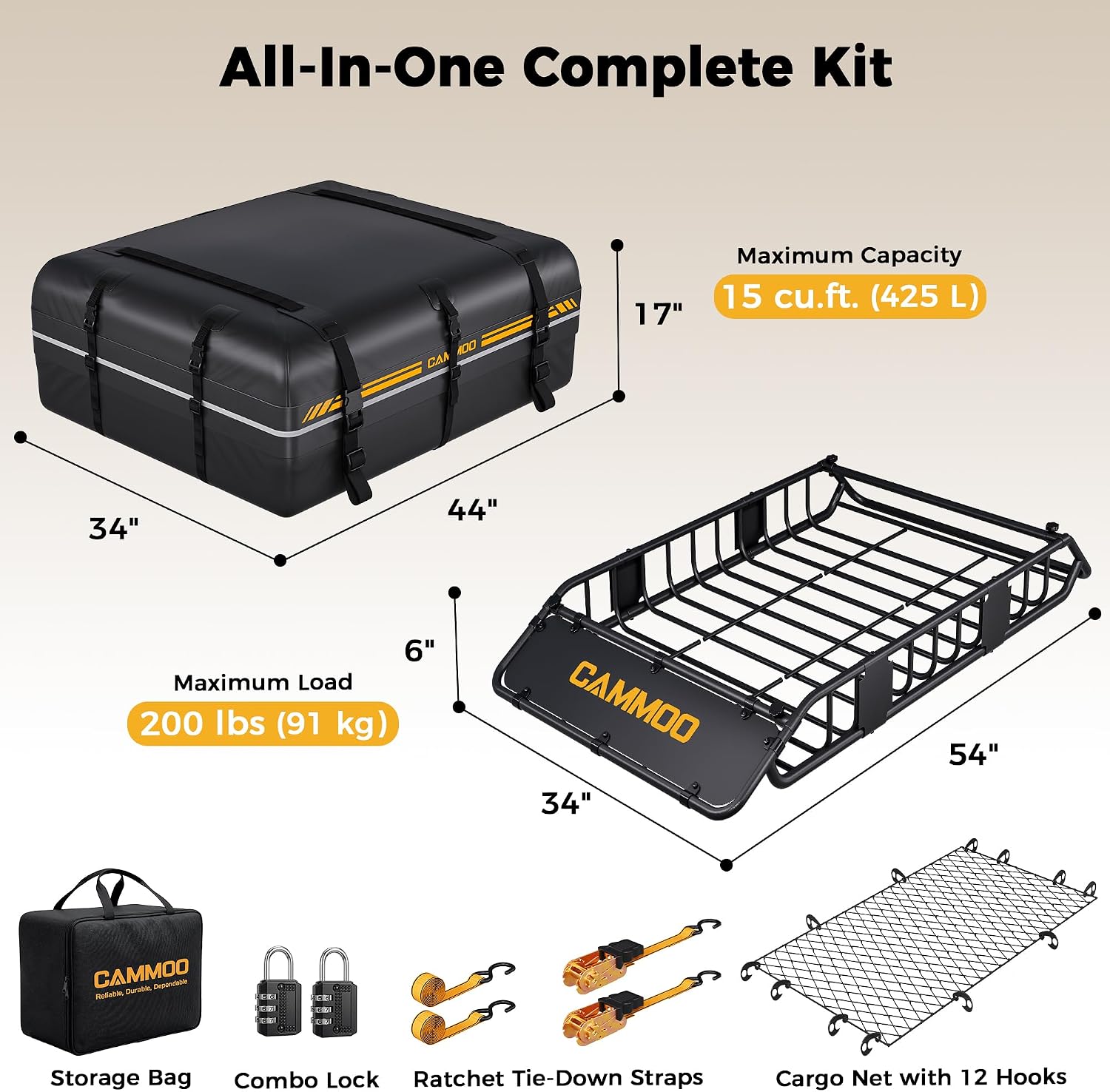 CAMMOO 54"x34" Roof Rack Basket, Removable Fairing & Support Bars for Kayaks/Long Gear, 15 Cu.Ft Waterproof Soft Bag+Lock+Net+Strap–200Lbs Capacity Rooftop Cargo Carrier for SUV Truck Camping