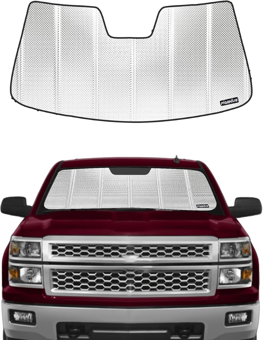 Pigenius Windshield Sun Shade for Chevrolet Silverado/GMC Sierra 1500/2500/3500 2007-2013. Reflective Aluminum Film Front Window Sunshade - BLAZBLOCK