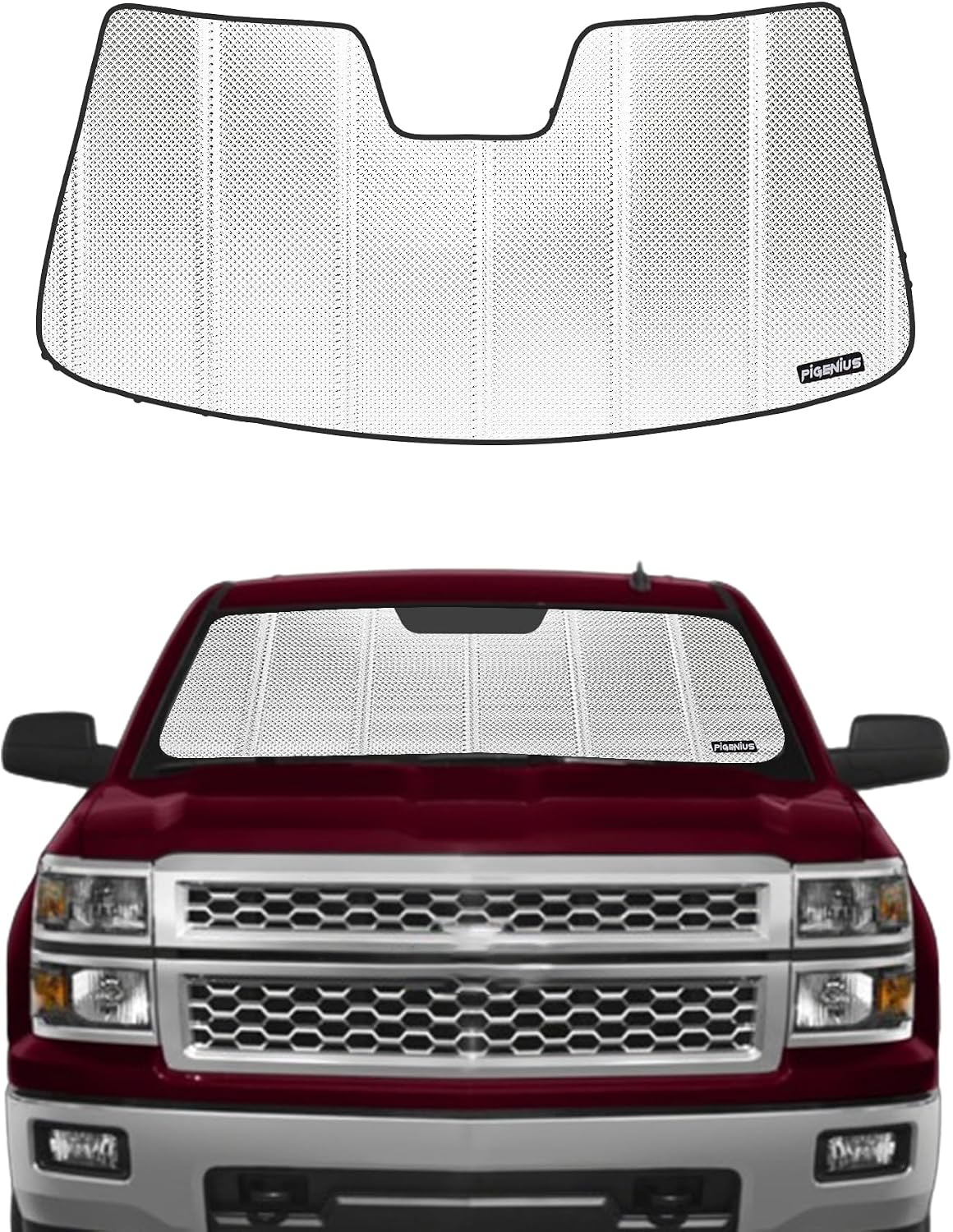 Pigenius Windshield Sun Shade for Chevrolet Silverado/GMC Sierra 1500/2500/3500 2007-2013. Reflective Aluminum Film Front Window Sunshade - BLAZBLOCK