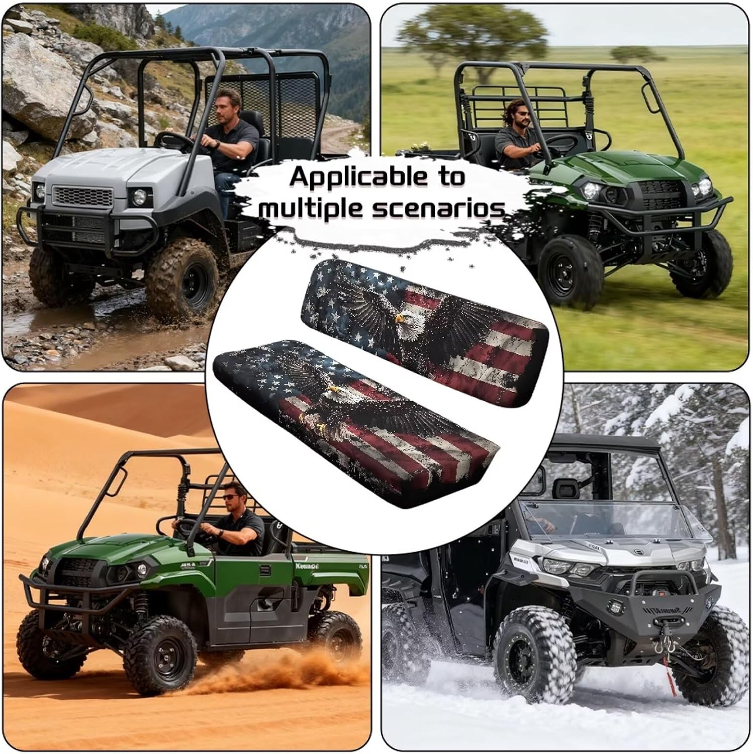 Poceacles Patriotic Decor Mule Seat Cover Anti-Scratch Full Protection UTV Bench Seat Cover Set Compatible with Kawasaki Mule 3000 3010 3020 4000 4010 2001-2023 2025, Eagle American Flag