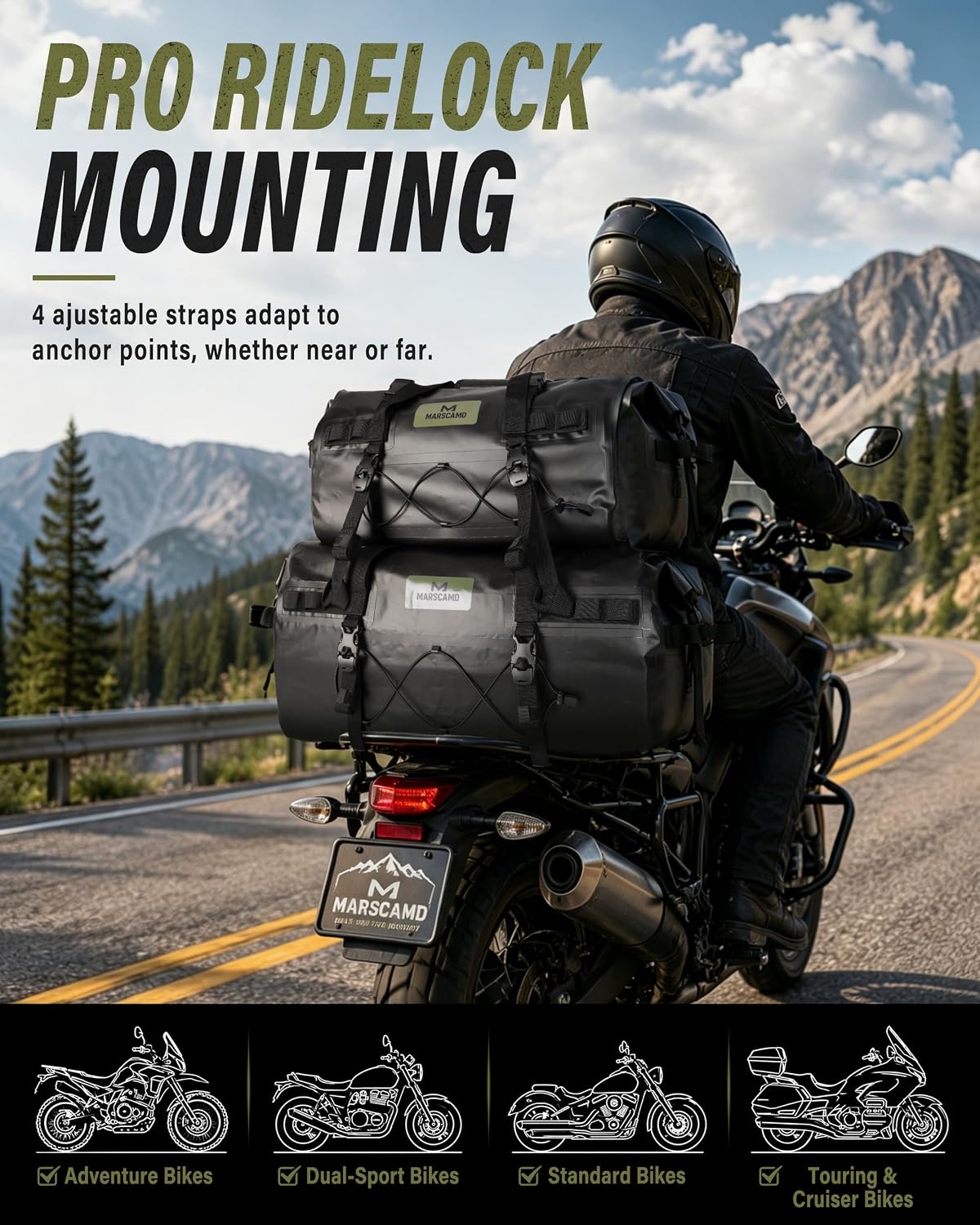 Marscamd Waterproof Motorcycle Dry Bag, Tail Saddle Luggage with 4 Quick-Release Mounting Straps, Roll-Top Closure, Travel Duffel for Motorcycling, Camping, Road trips (Black, 60L)
