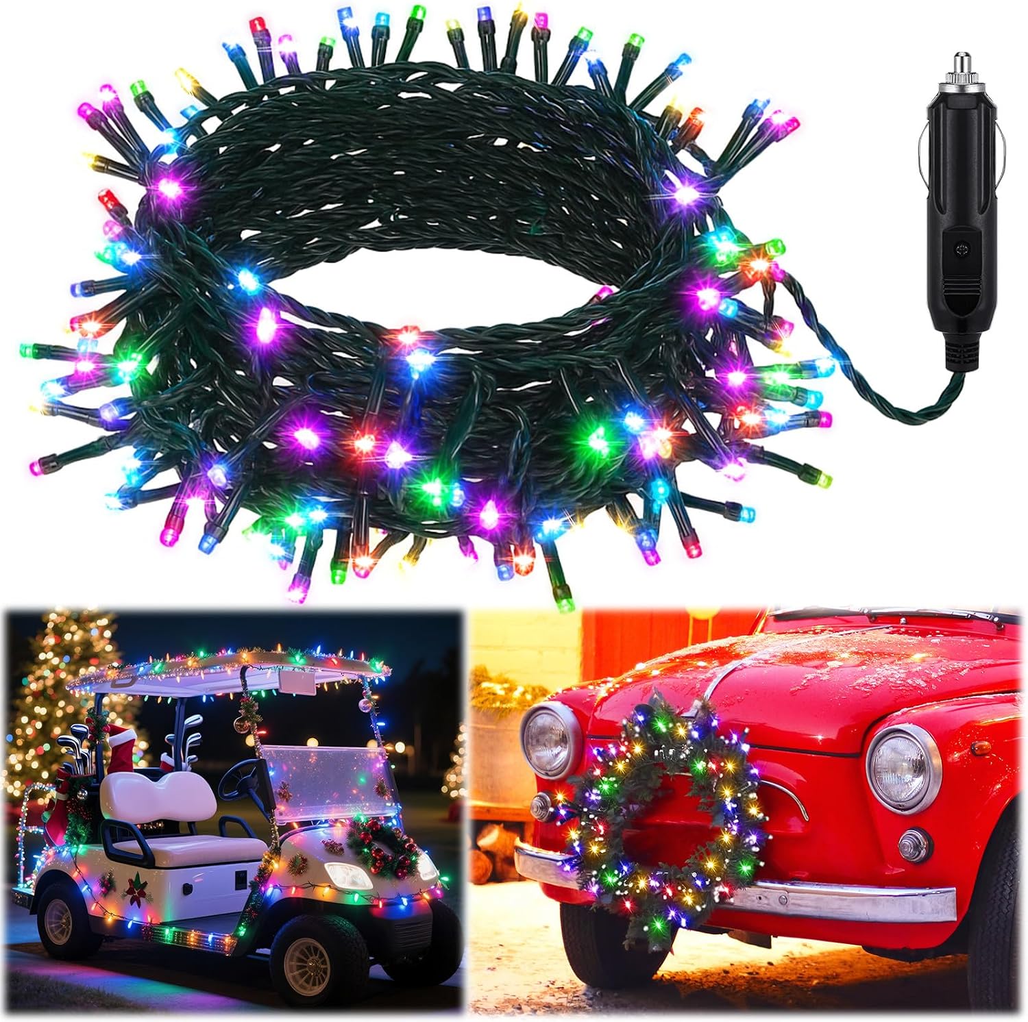 Aurelema 12V Christmas 66 ft 200 LED Car LED String Light Golf Cart Decorations Multicolor Light String Waterproof Atmosphere Lighting Kits for Christmas Car Accessories