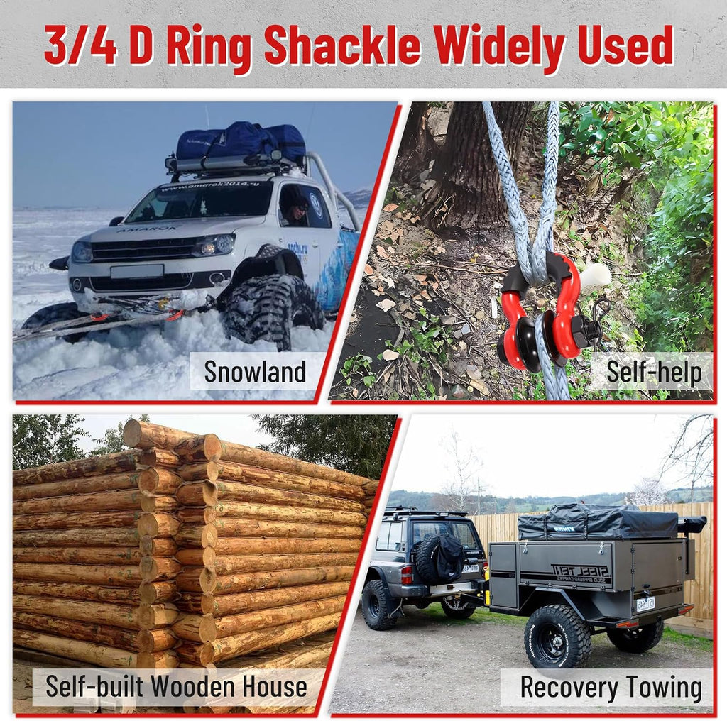 3/4" D Ring Shackle with Upgraded Snatch Blocks,57,000 lbs(28.5 Ton) Maximum Break Strength Heavy Duty Shackles with 7/8" Screw Pin for Tow Strap Winch Off Road Vehicle Recovery,2pack Red