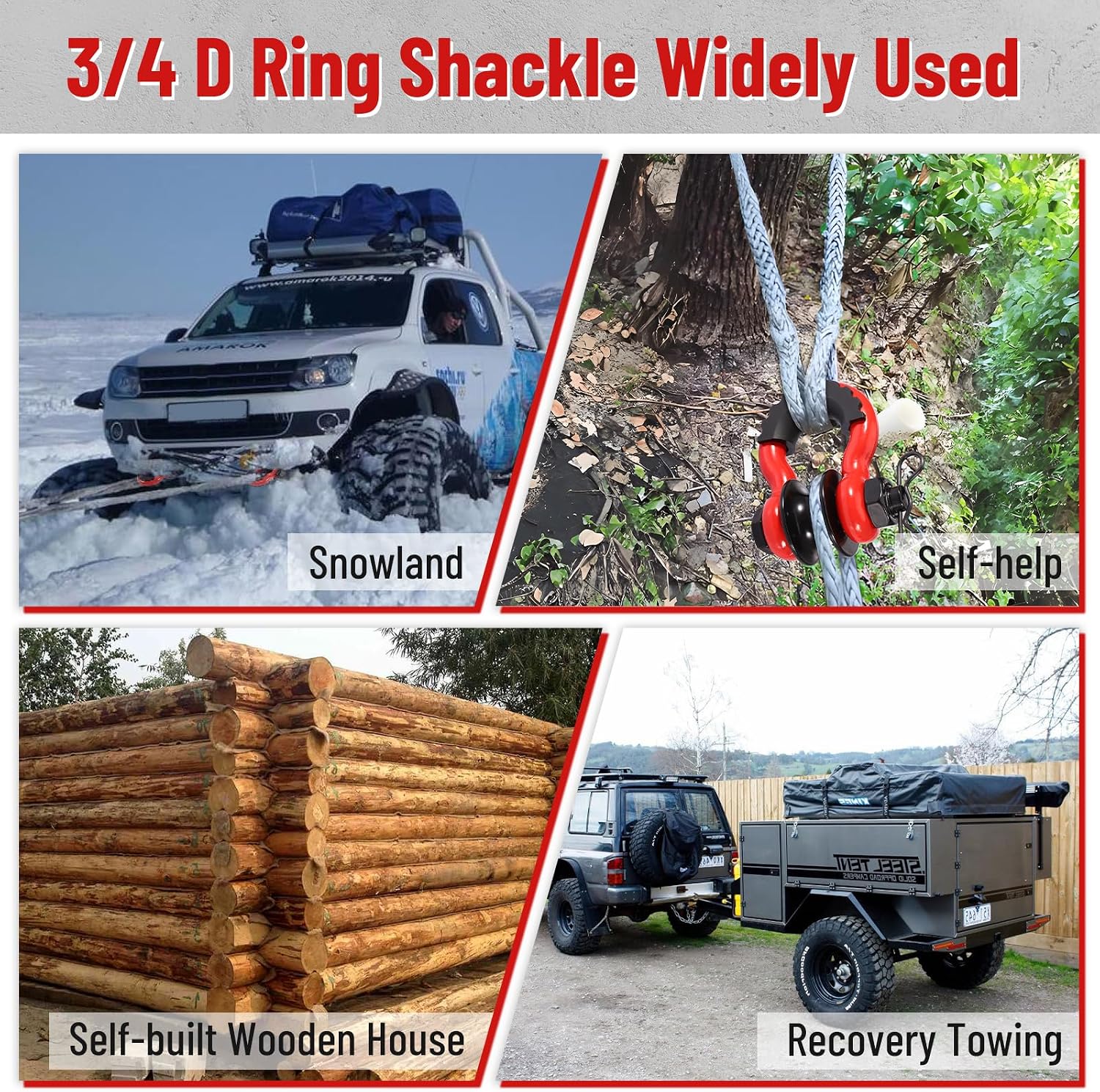3/4" D Ring Shackle with Upgraded Snatch Blocks,57,000 lbs(28.5 Ton) Maximum Break Strength Heavy Duty Shackles with 7/8" Screw Pin for Tow Strap Winch Off Road Vehicle Recovery,2pack Red