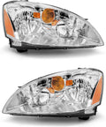 Headlights Assembly for 2002 2003 2004 Nissan Altima Chrome Housing Amber Reflector Clear Lens Headlamp Left and Right Side