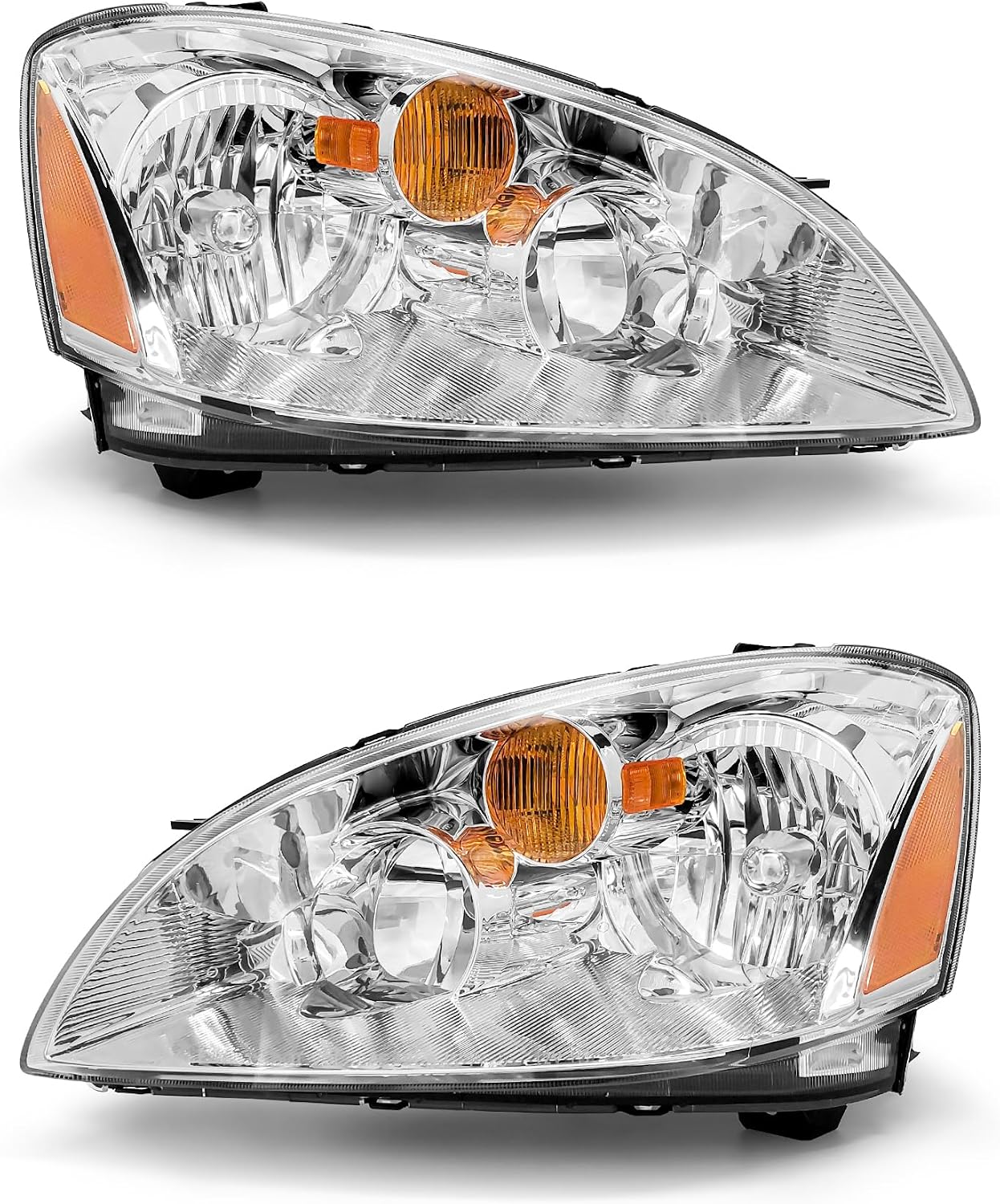 Headlights Assembly for 2002 2003 2004 Nissan Altima Chrome Housing Amber Reflector Clear Lens Headlamp Left and Right Side