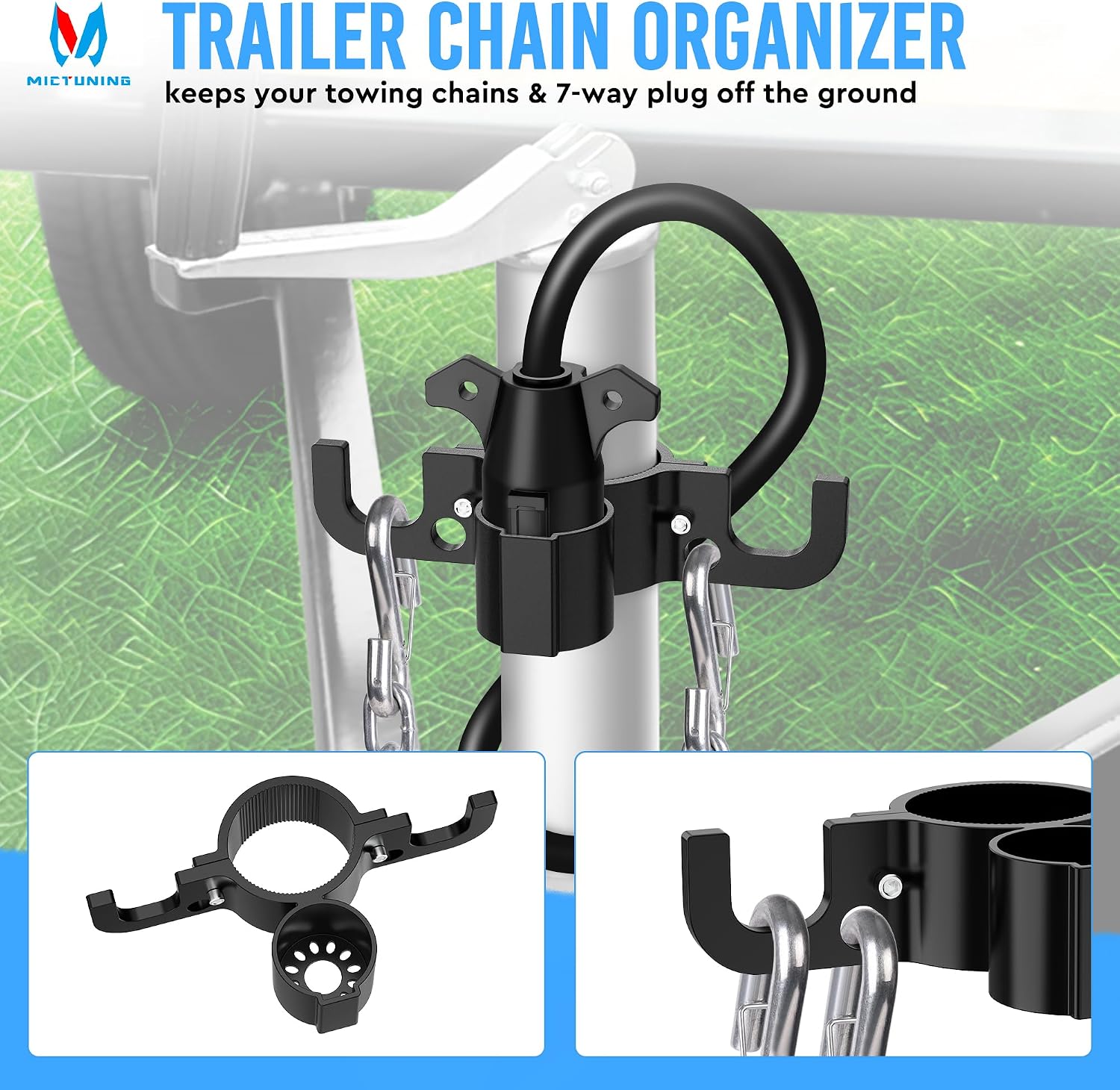 MICTUNING Upgraded Aluminum Trailer Chain Holder Organizer, 7 Way Plug Heavy Duty Trailer Chain Wire Harness Holder, Anti-Rust High Hardness RV Accessories