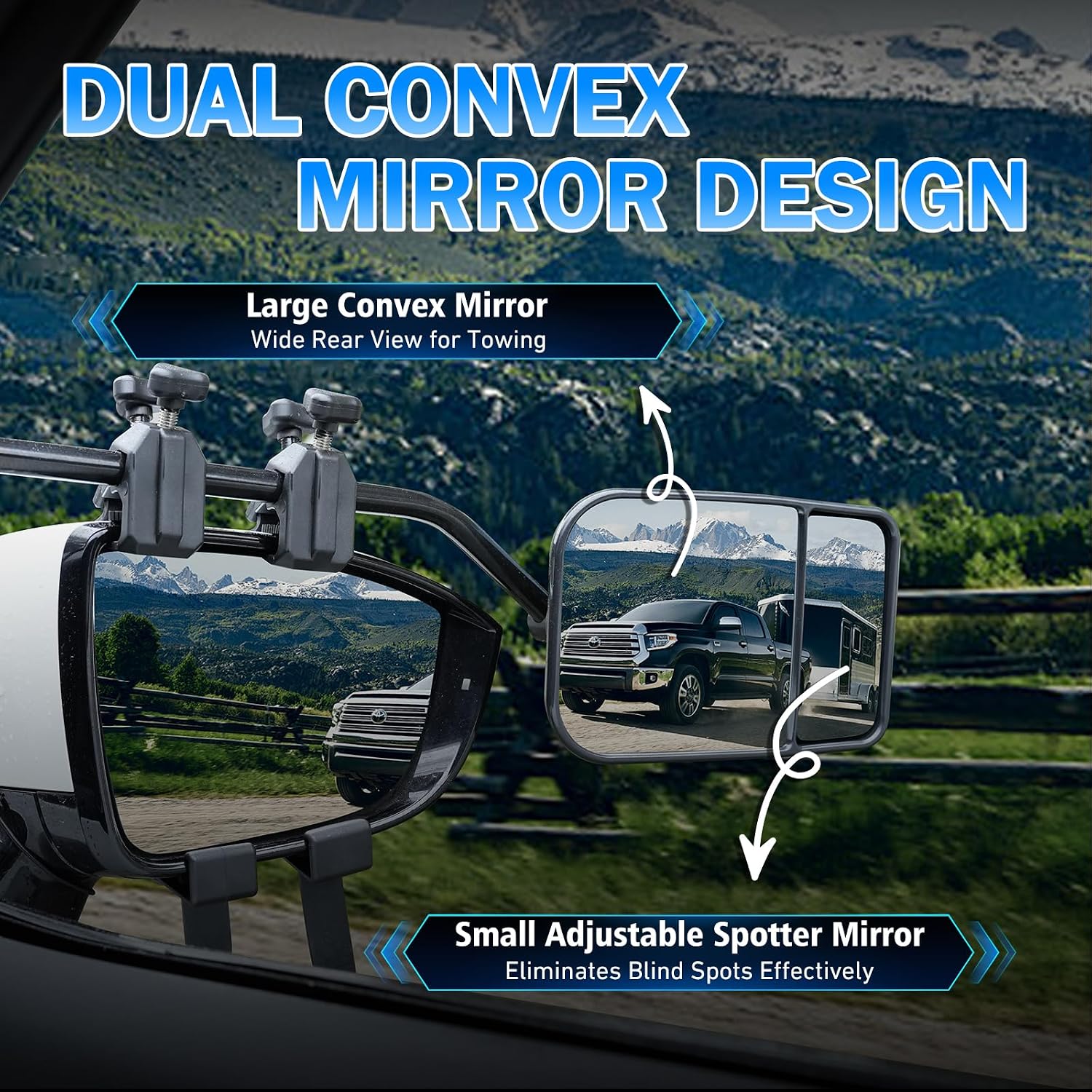 Clip-On Mirror Extenders for Towing, Shatterproof Dual View Convex Tow Mirrors, 360° Adjustable Universal Side Mirror Extensions for Truck, SUV, RV & Trailer, 2-Pack