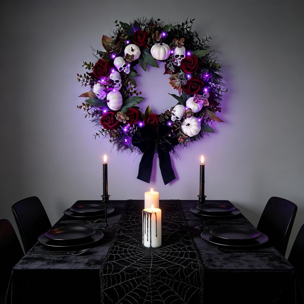 HipTree 20 Inch Gothic Halloween Wreath for Front Door with Purple Lights