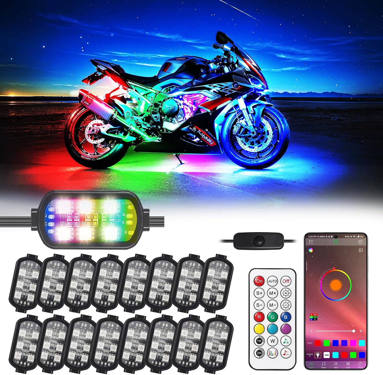 16 Pcs RGB Chasing Motorcycle LED Lights Kit for Harley Davidson Kawasaki Suzuki, Waterproof Magic Multicolor Motorcycle Underglow Kit Strip Lights with APP Control Music Sync Brake Turn Signal