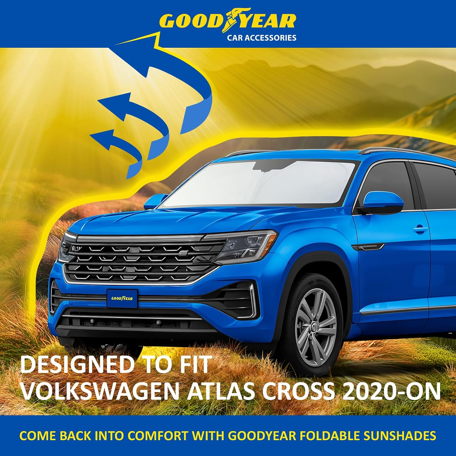 Goodyear Foldable Windshield Sunshade for Volkswagen Atlas Cross Sport 2020-2026, Car Accessories, Sunshade Cover, Sun Shade Car Windshield, Window Sun Blocker - GY008361
