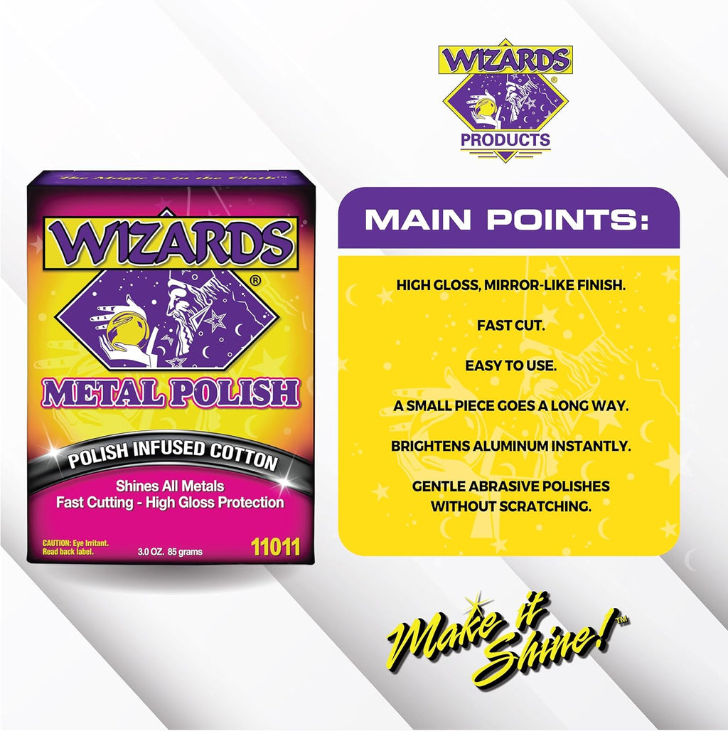 Wizards Metal Polish 3 oz - Polish-Infused Cotton Brightener for Chrome Cleaner and Polished Aluminum, Brass, Nickel, Stainless Steel, Coated Wheels, and Motorcycle Restoration, Trusted Since 1986