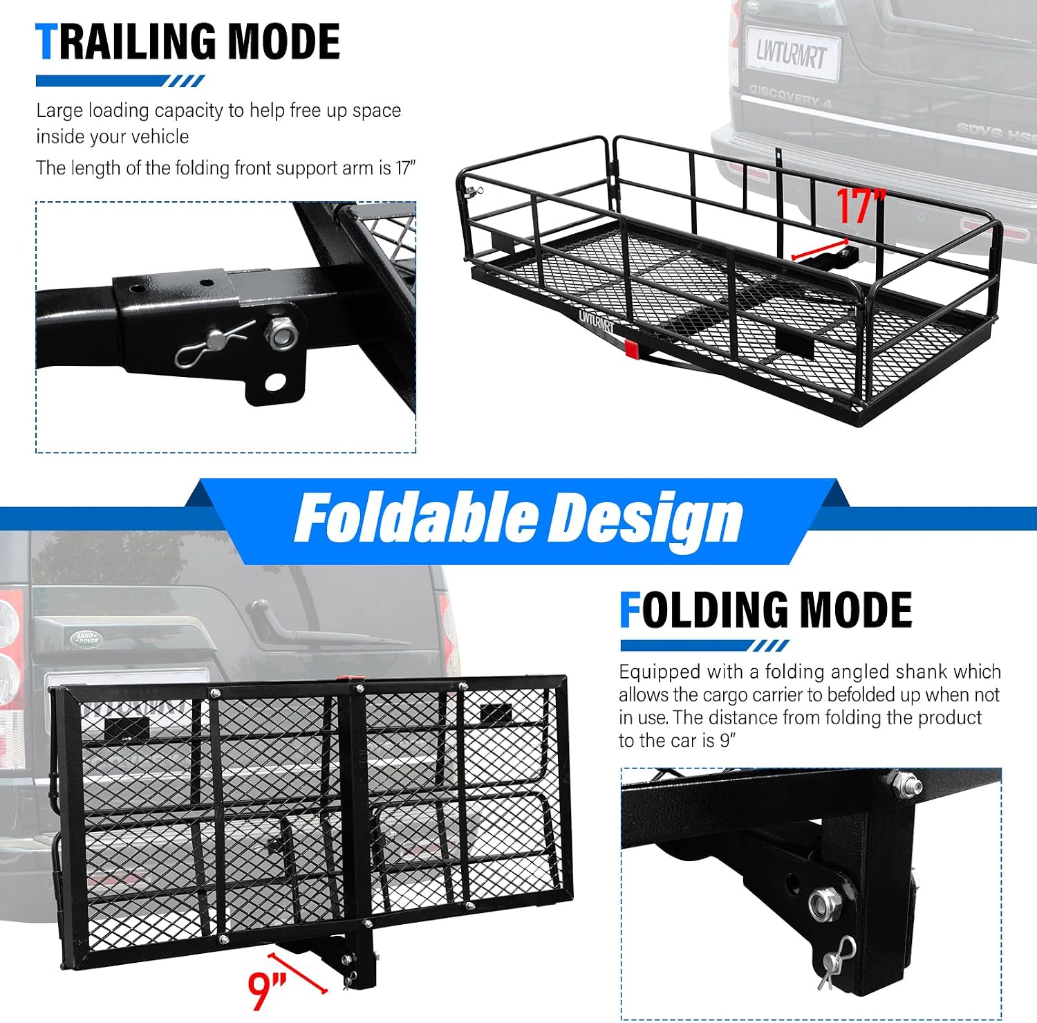 LWTURMRT Trail Hitch Mount Cargo Carrier Basket 58" x 24" x 14" Folding Vehicle Cargo Baskets Fits 2" Receiver with 2" Hitch Stabilizer for SUV can Holder 500LBS (14" high Black+Bag)