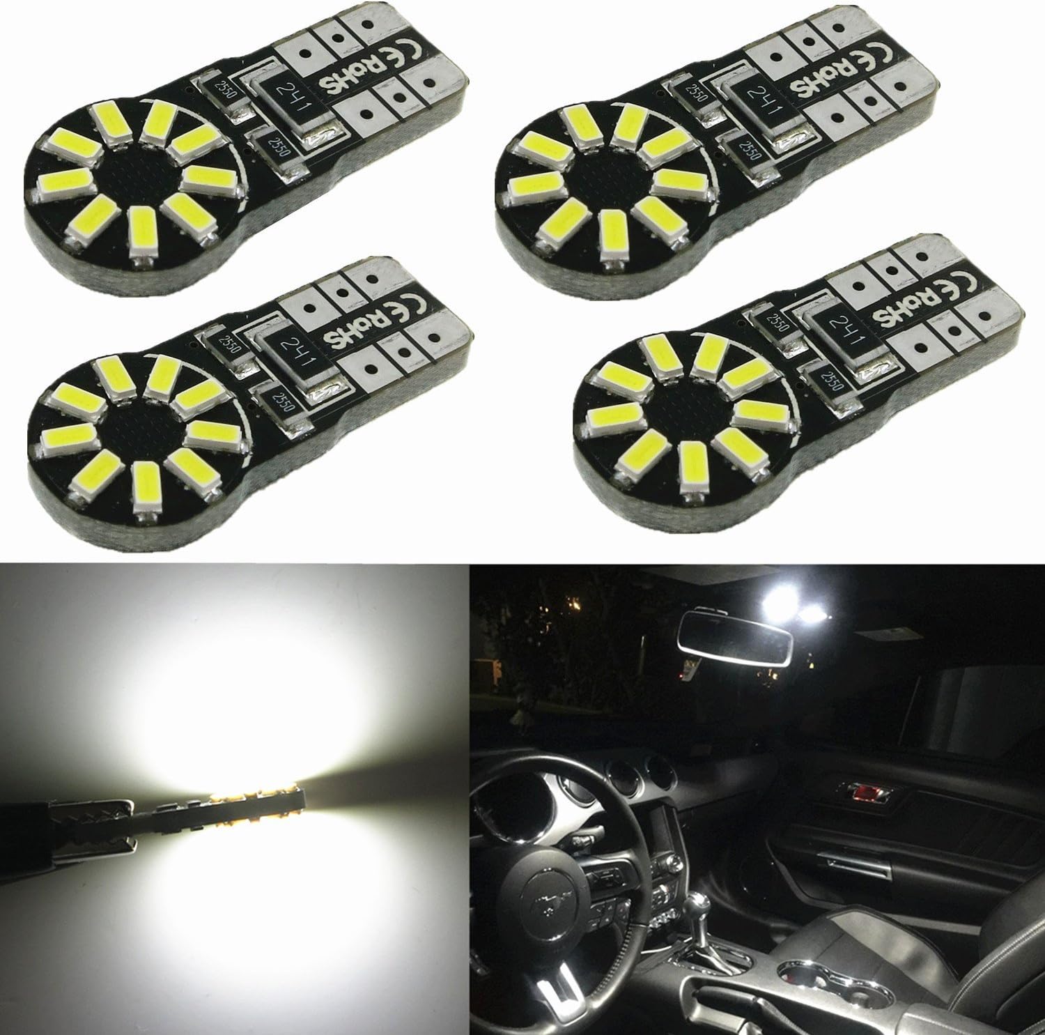 Alla Lighting 4x 194 168 LED Light Bulb 6000K White Super Bright 175 168 2825 W5W T10 Wedge 3014 SMD LED Replacement Bulbs CAN-BUS for Car Interior Map Dome Trunk License Parking Lights