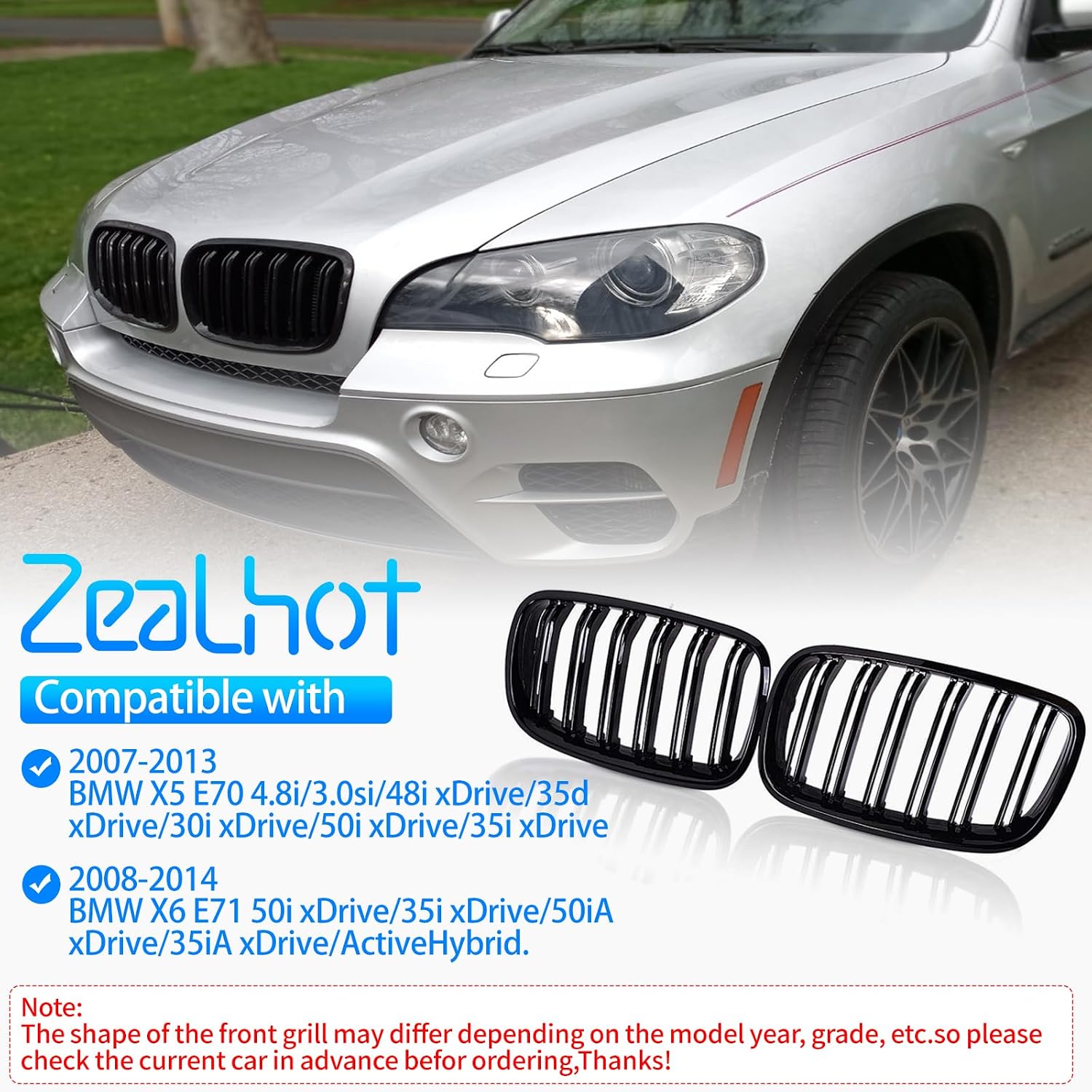 X5 E70 Black Front Kidney Grill Fit for 2007-2014 BMW X5 E70 X6 E71 | Gloss Black-Double Slats, 2pcs