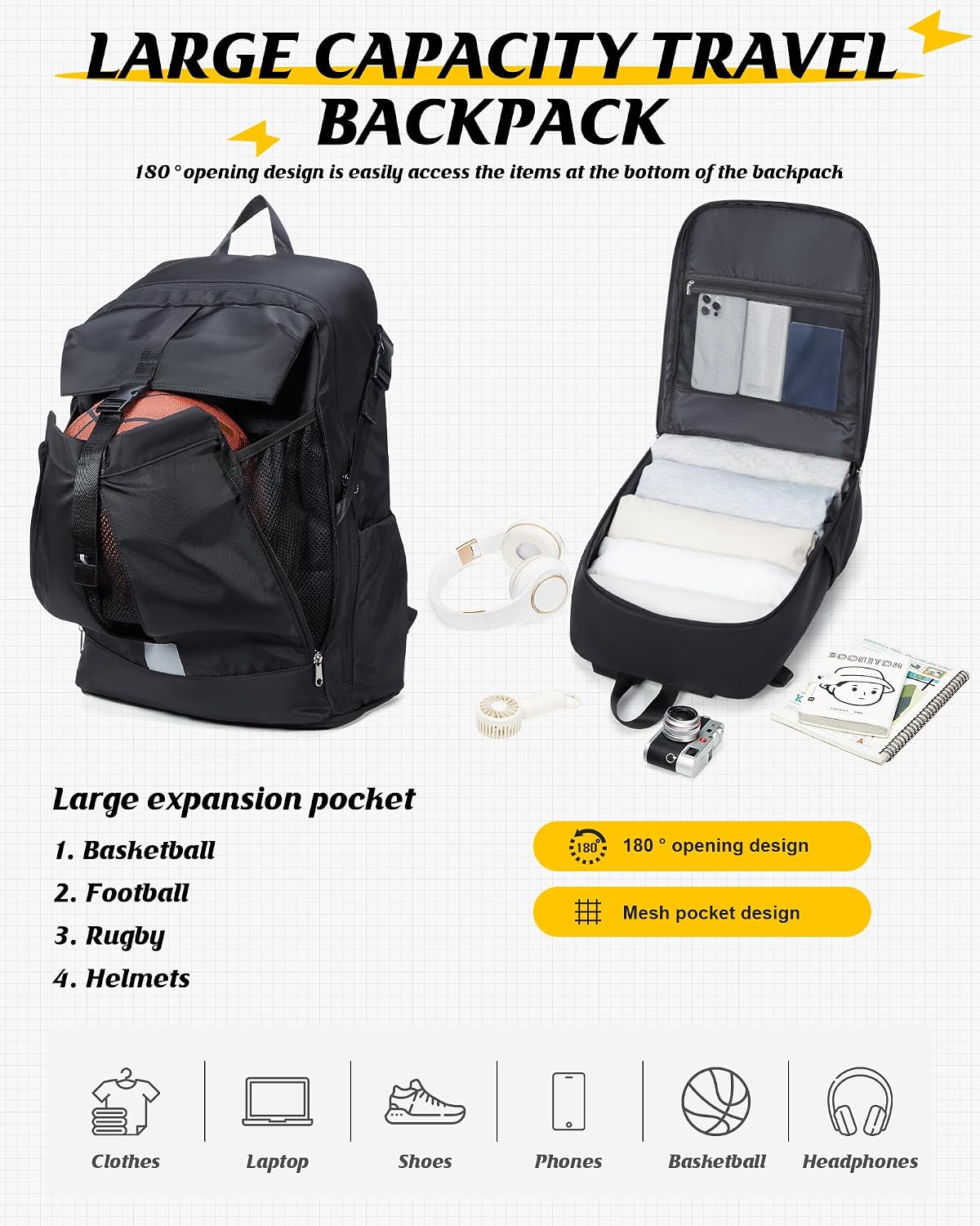 Helmet Backpack for Motorcycle Riders, Waterproof Large Capacity Backpack with Holder, Helmet Bag for Storage Hiking Cycling, Motorcycle Backpacks Motorcycle Riders Accessories for Men Women Black