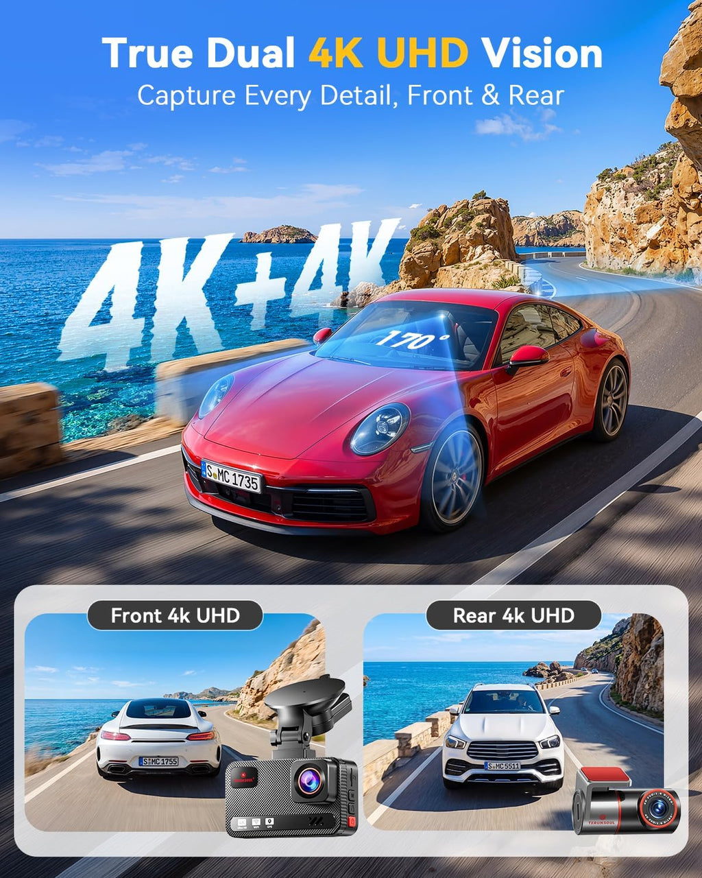 4k+4k dash cam, free 128gb card, 5.8ghz wifi6 shown in use