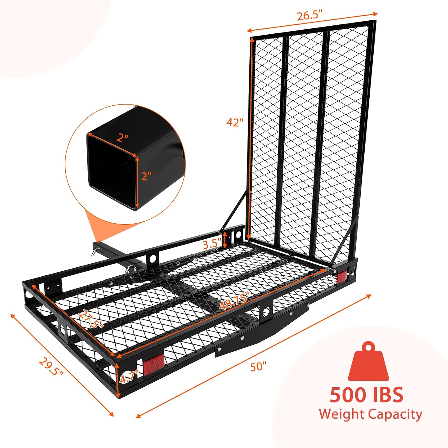 Goplus Mobility Scooter Carrier, 50” x 29.5” Folding Wheelchair Carrier for Car with 42” Ramp, Stabilizer & 2 Tie Down Straps, 500 LBS, Fit 2" Hitch Receiver, Hitch Cargo Carrier for SUV Car