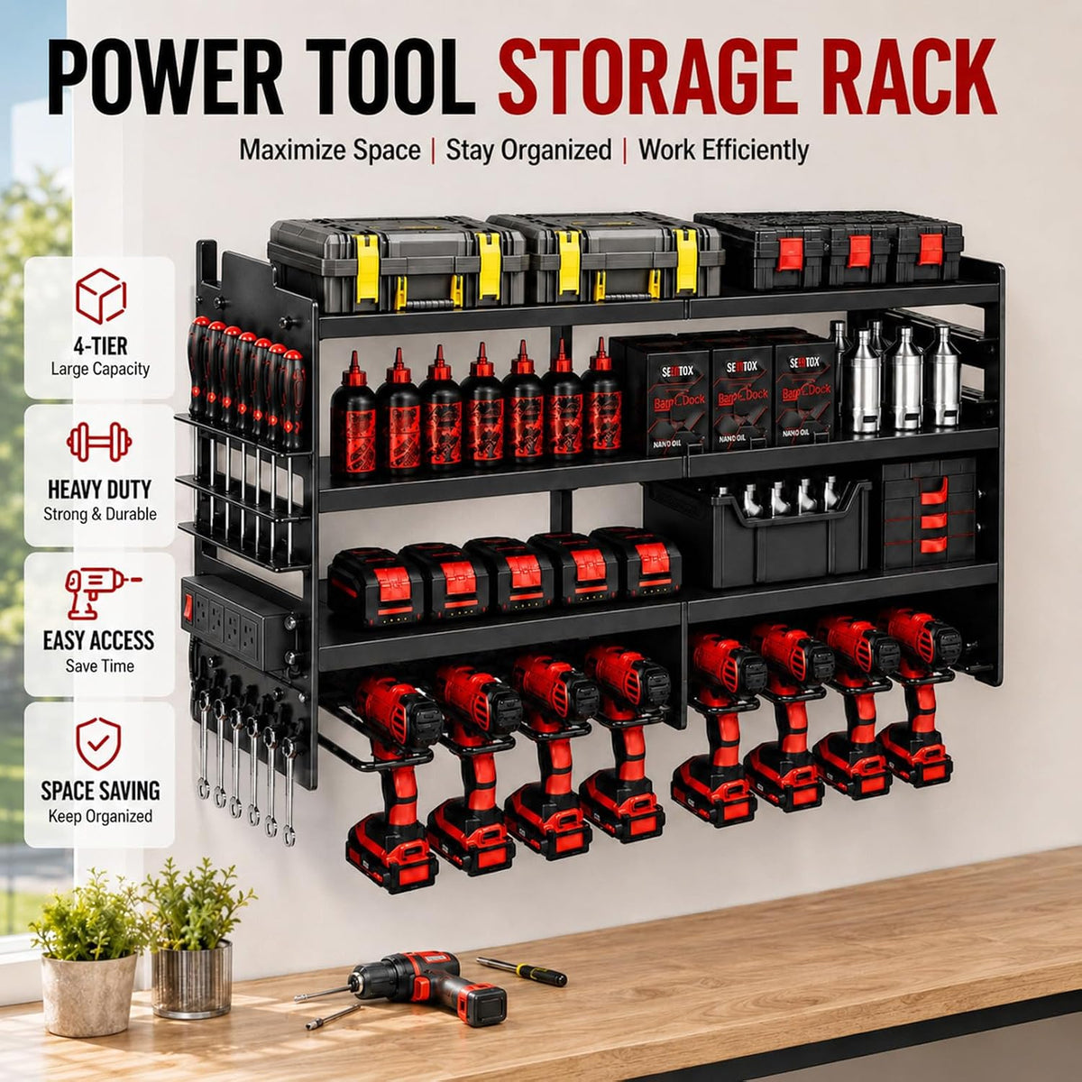 large power tool organizer wall mount with charging on a desk or shelf
