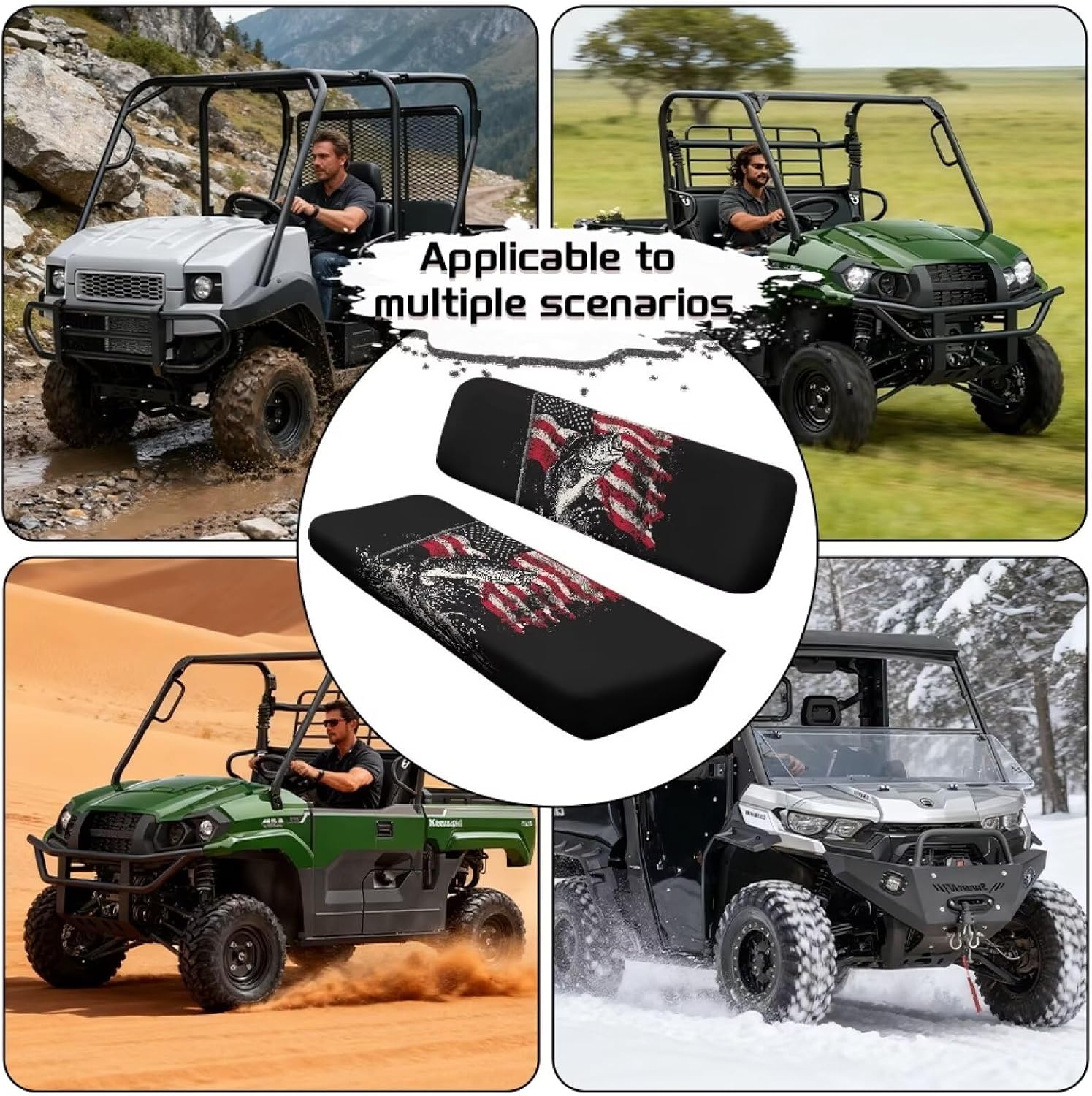 American Flag Bass Fish Print All-Weather 2Pcs UTV Seat Covers-Easy Install, Anti-Slip Backing-Compatible with Kawasaki Mule 4010 4000 3000 3010 2001-2023 2025 Patriotic
