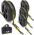KJE Reflective Car Tie Down Straps for Trailers 4 Pack- Premium Tire Ratchet Strap with (3) J Hooks (3) Rubber Blocks - 2" x 10' 10,000LBS Break Strength - Wheel Straps for Hauling UTV, SUV, Any Cars